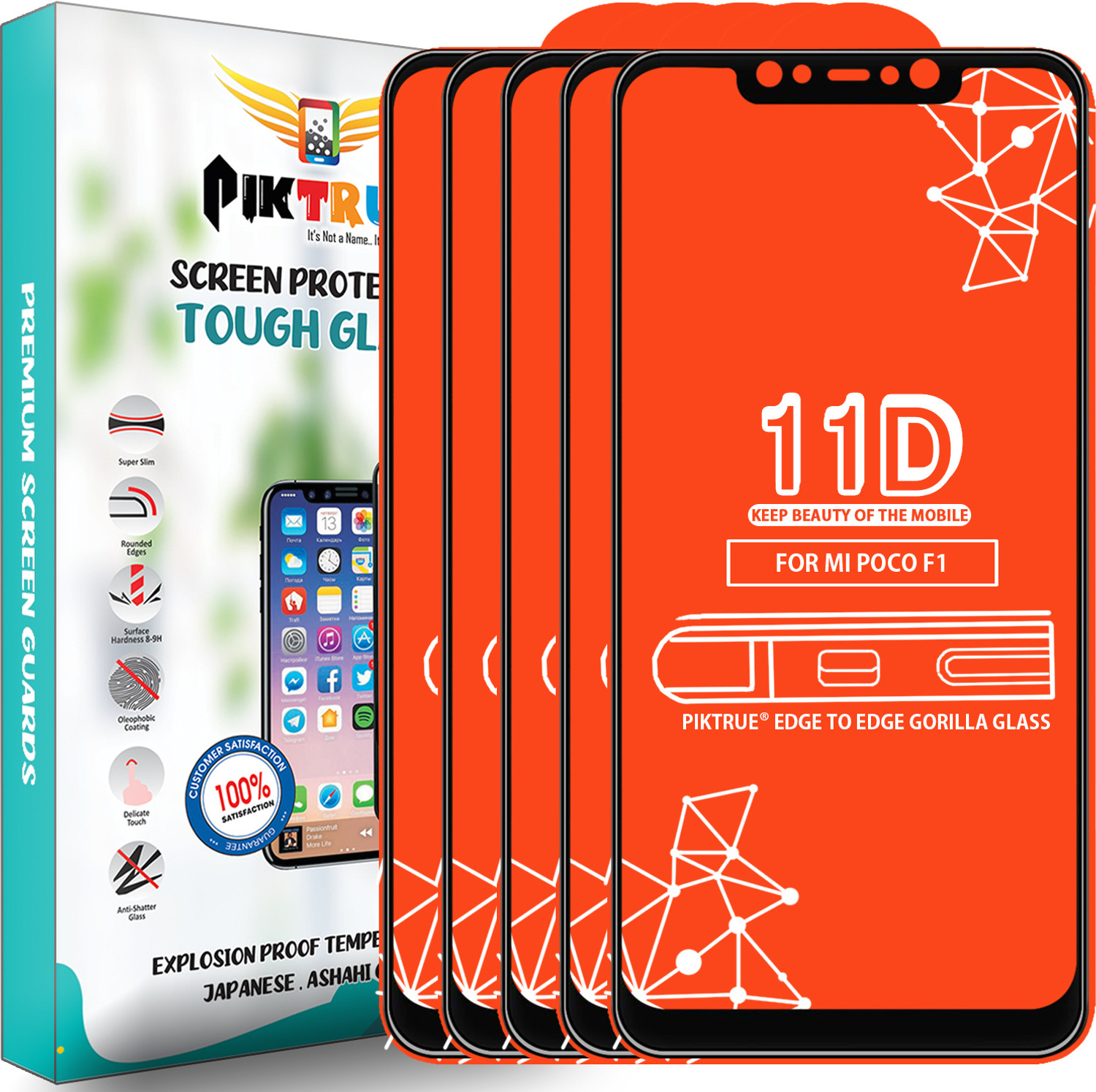 Image of PikTrue Edge To Edge Tempered Glass for POCO F1 (Pack of 5)