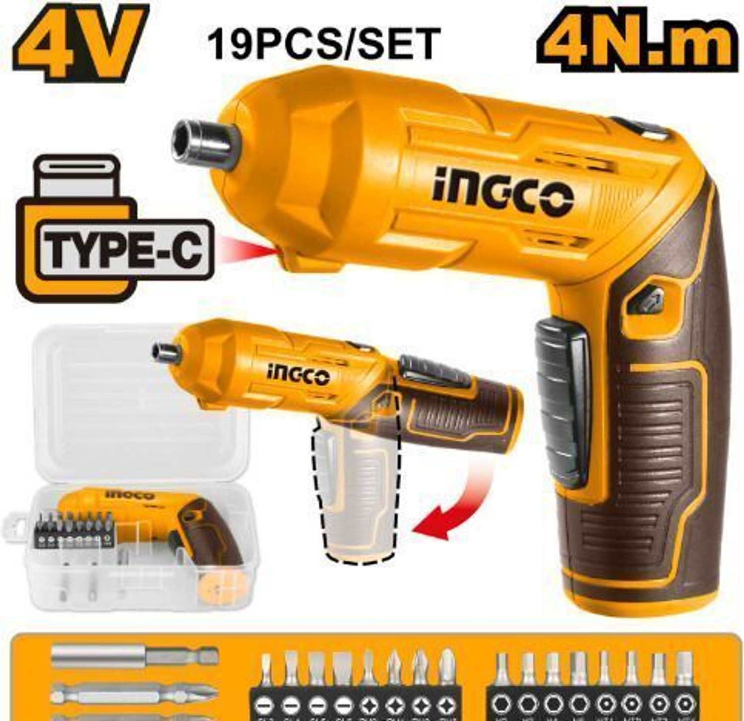 INGCO 4V & 1/4" & 240RPM Lithium-Ion Cordless Screwdriver 4V Lithium-Ion Cordless Screwdriver Drywall Screw Gun