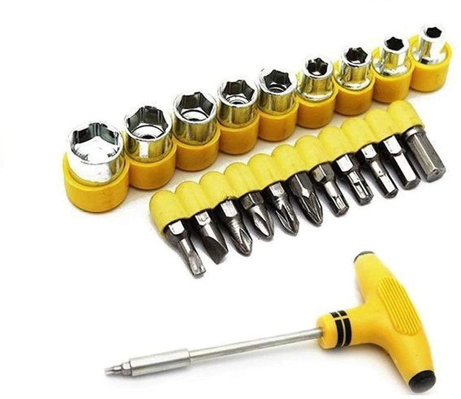 Image of YATUCREATION Multipurpose Hand Tools Kit for Home, Garage, Electronics & DIY Repair 24 pcs T Shape Screwdriver Set Batch Head Ratchet Pawl Socket Screwdriver Bit Set