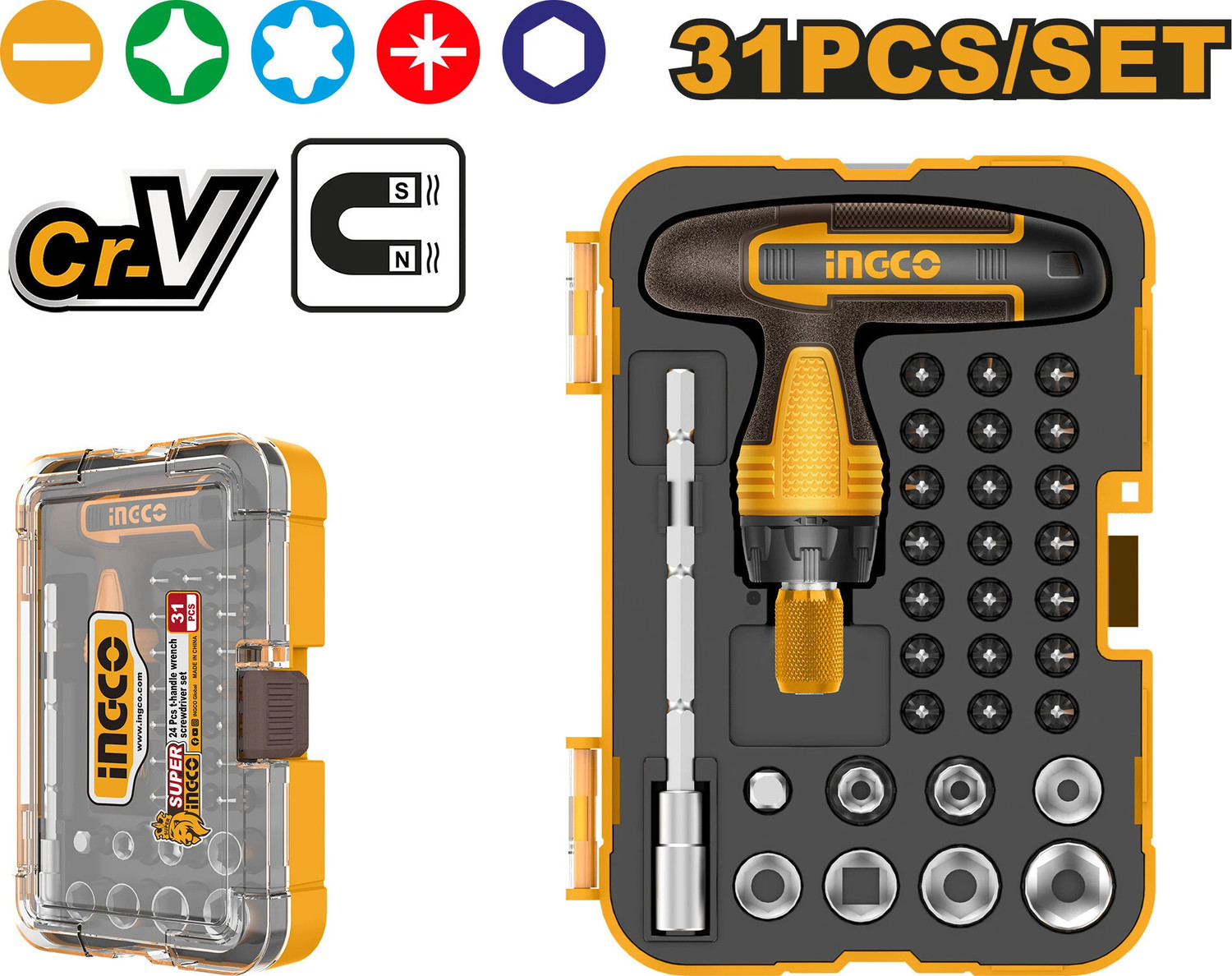 Image of INGCO 47PCS /SET T-Handle Wrench Screwdriver Set HKSDB0478 Ratchet Screwdriver Set (Pack of 47)