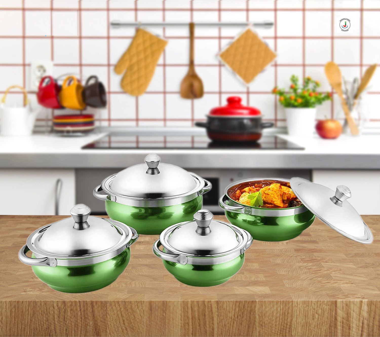 Image of Flipkart SmartBuy 4-Piece Red Stainless Steel Serving Casserole Handi Set with Lids & 2 S.Spoon Gravy Boat, Bowl, Butter Dish, Dish, Gravy Bucket Serving Set (Pack of 6)