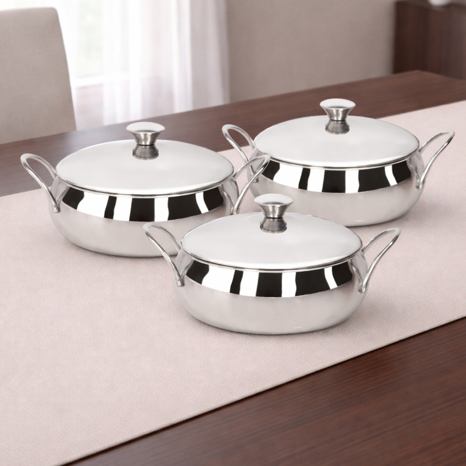 Image of Flipkart SmartBuy 4-Piece Red Stainless Steel Serving Casserole Handi Set with Lids & 2 S.Spoon Gravy Boat, Bowl, Butter Dish, Dish, Gravy Bucket Serving Set (Pack of 6)