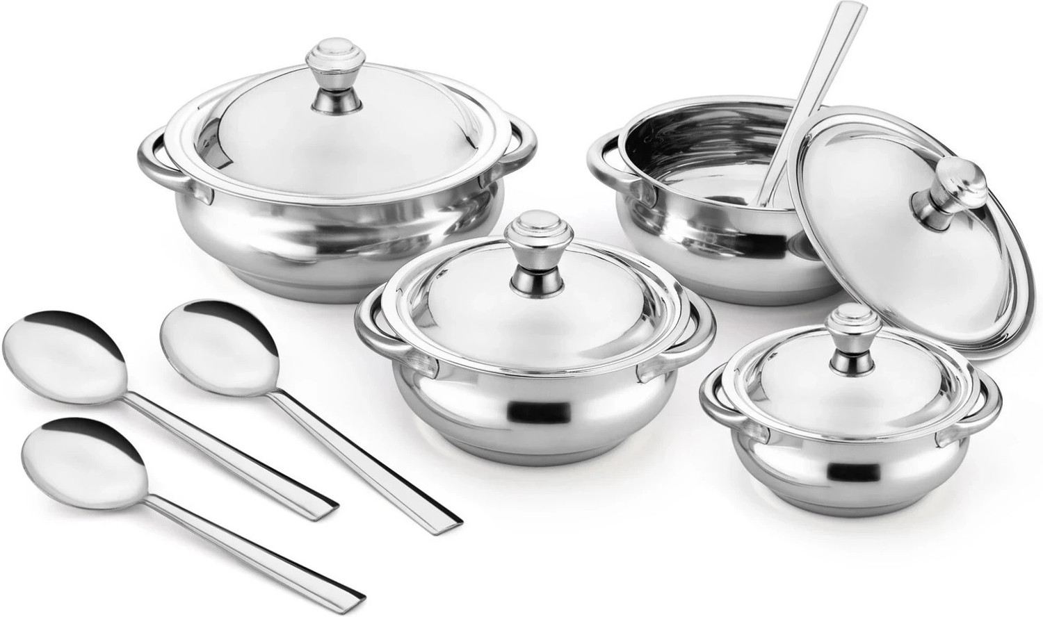Image of Flipkart SmartBuy 4-Piece Red Stainless Steel Serving Casserole Handi Set with Lids & 2 S.Spoon Gravy Boat, Bowl, Butter Dish, Dish, Gravy Bucket Serving Set (Pack of 6)