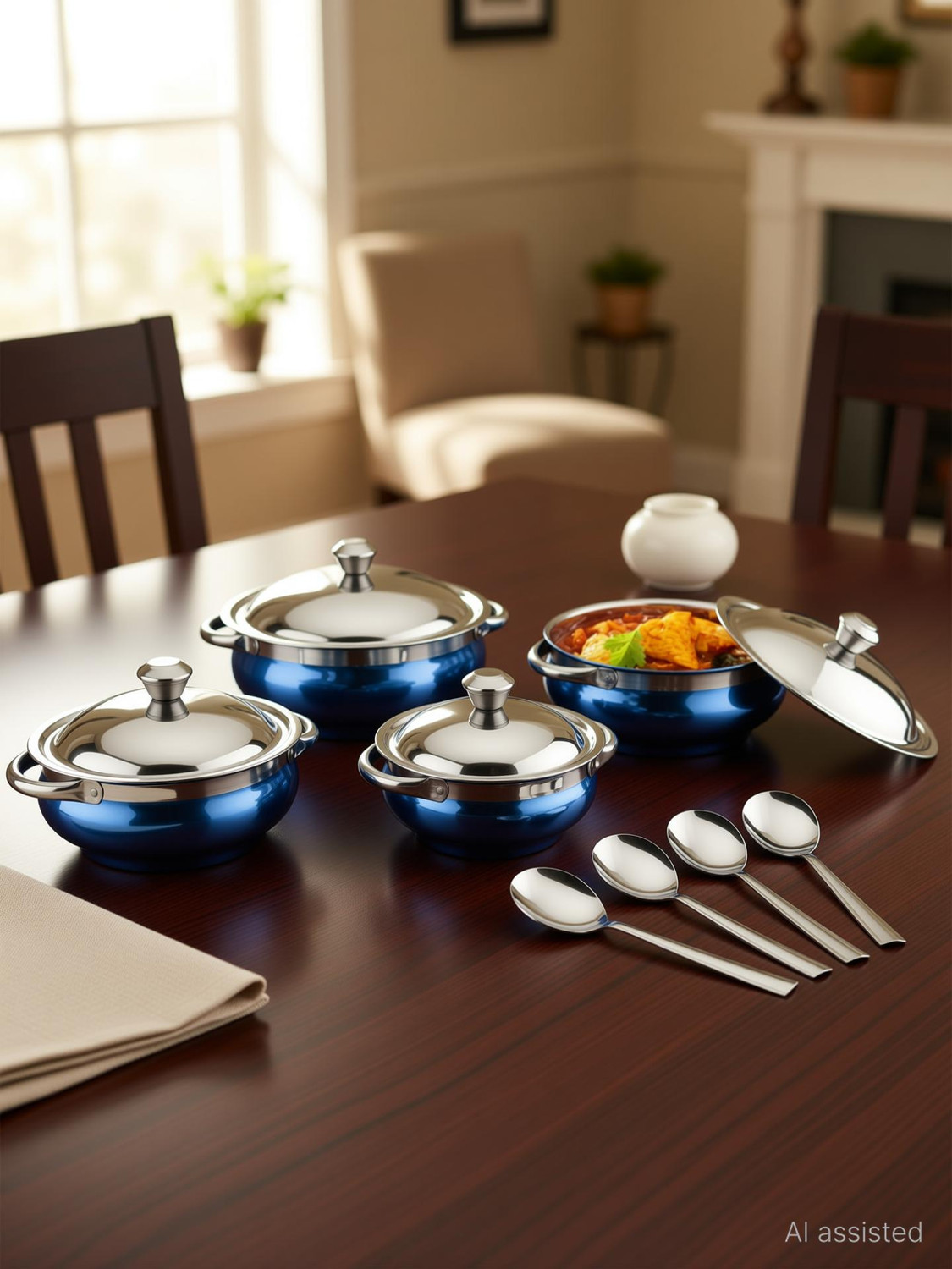 Image of Flipkart SmartBuy 4-Piece Red Stainless Steel Serving Casserole Handi Set with Lids & 2 S.Spoon Gravy Boat, Bowl, Butter Dish, Dish, Gravy Bucket Serving Set (Pack of 6)