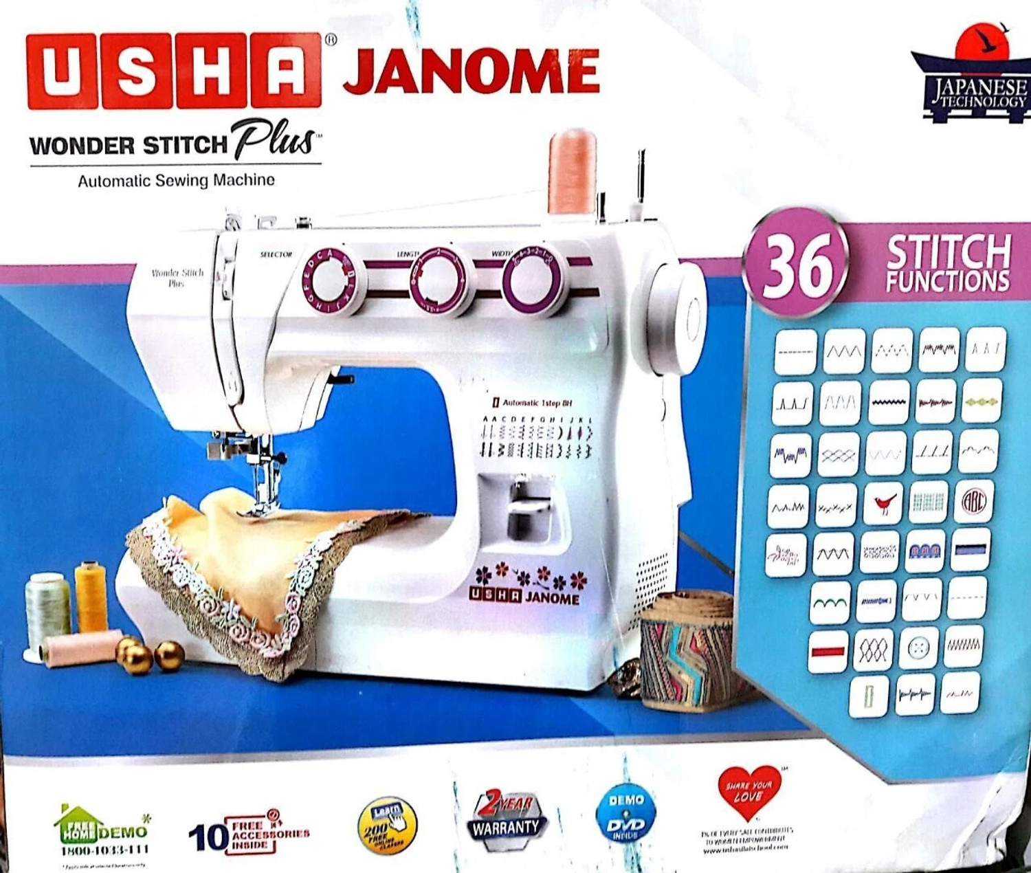 USHA Wonder Stitch Plus Electric Sewing Machine 32 built-in stitches 850 spm White