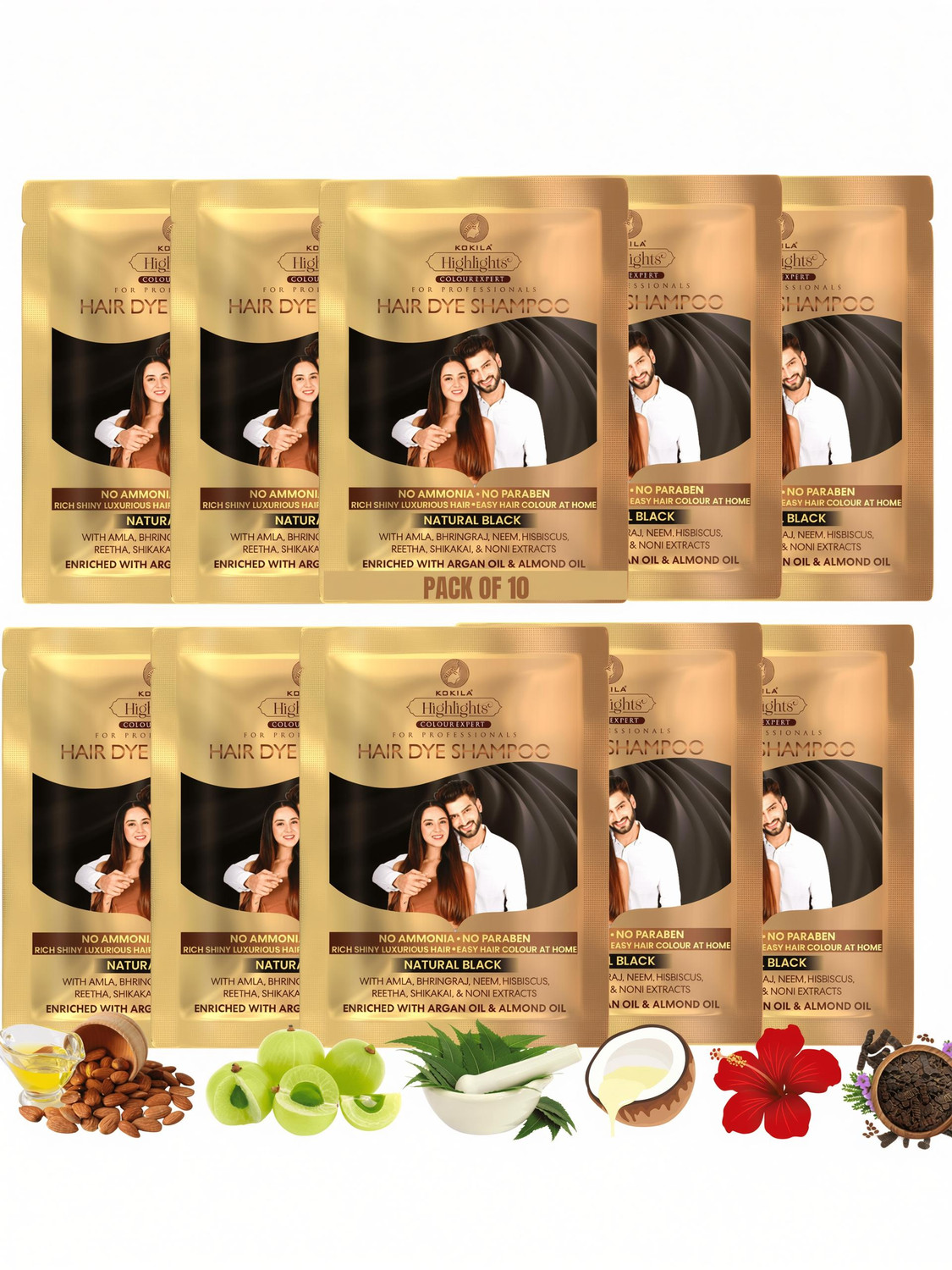 KOKILA Natural Black Hair Color Shampoo 25ml Sachets (Pack of 10) - Image 1