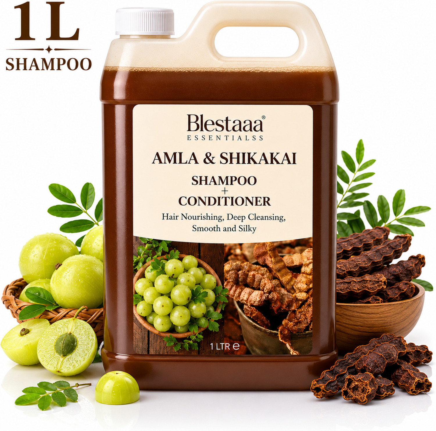 blestaaa essentialss Herbal Amla Reetha Shikakai Shampoo for Natural Hair Care (1 L) - Image 1