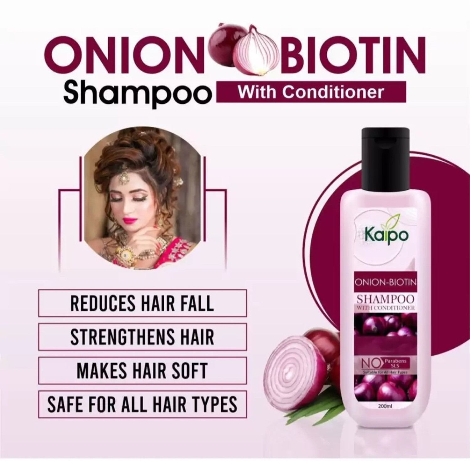 Image of KAIPO Onion Shampoo With Conditioner For Hair Fall Control & Hair Growth 200X3=600ml (600 ml)