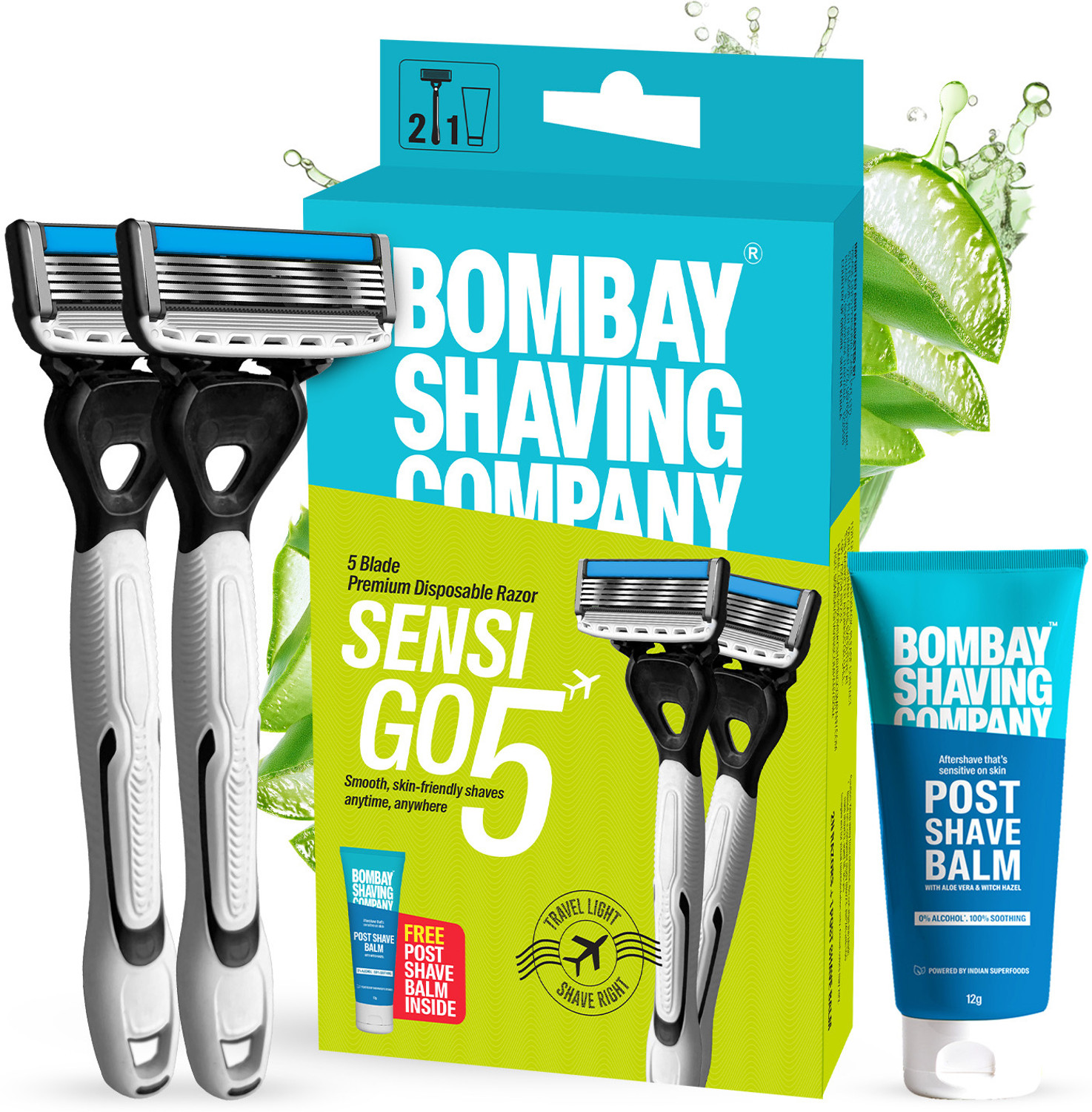 Image of BOMBAY SHAVING COMPANY Sensi Go 5 Premium 5-Blade Disposable Men's Razor - Free Post Shave Balm, Men (Pack of 2)