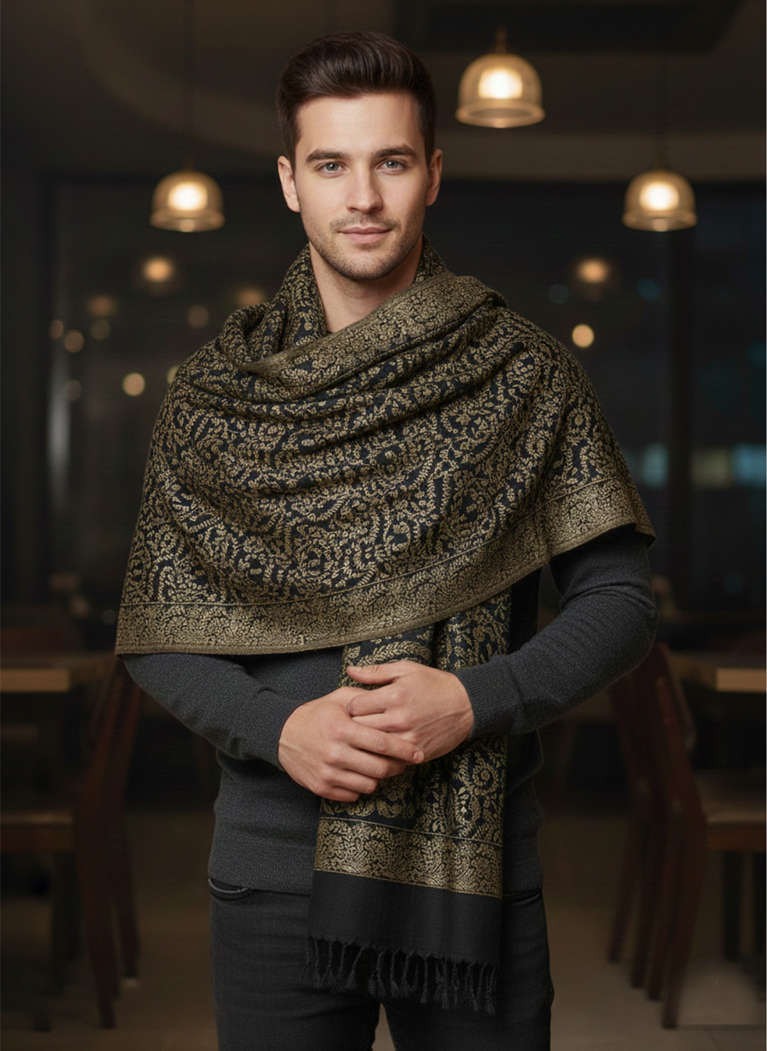 Image of Ramnaya Wool Paisley Men Shawl (Black)