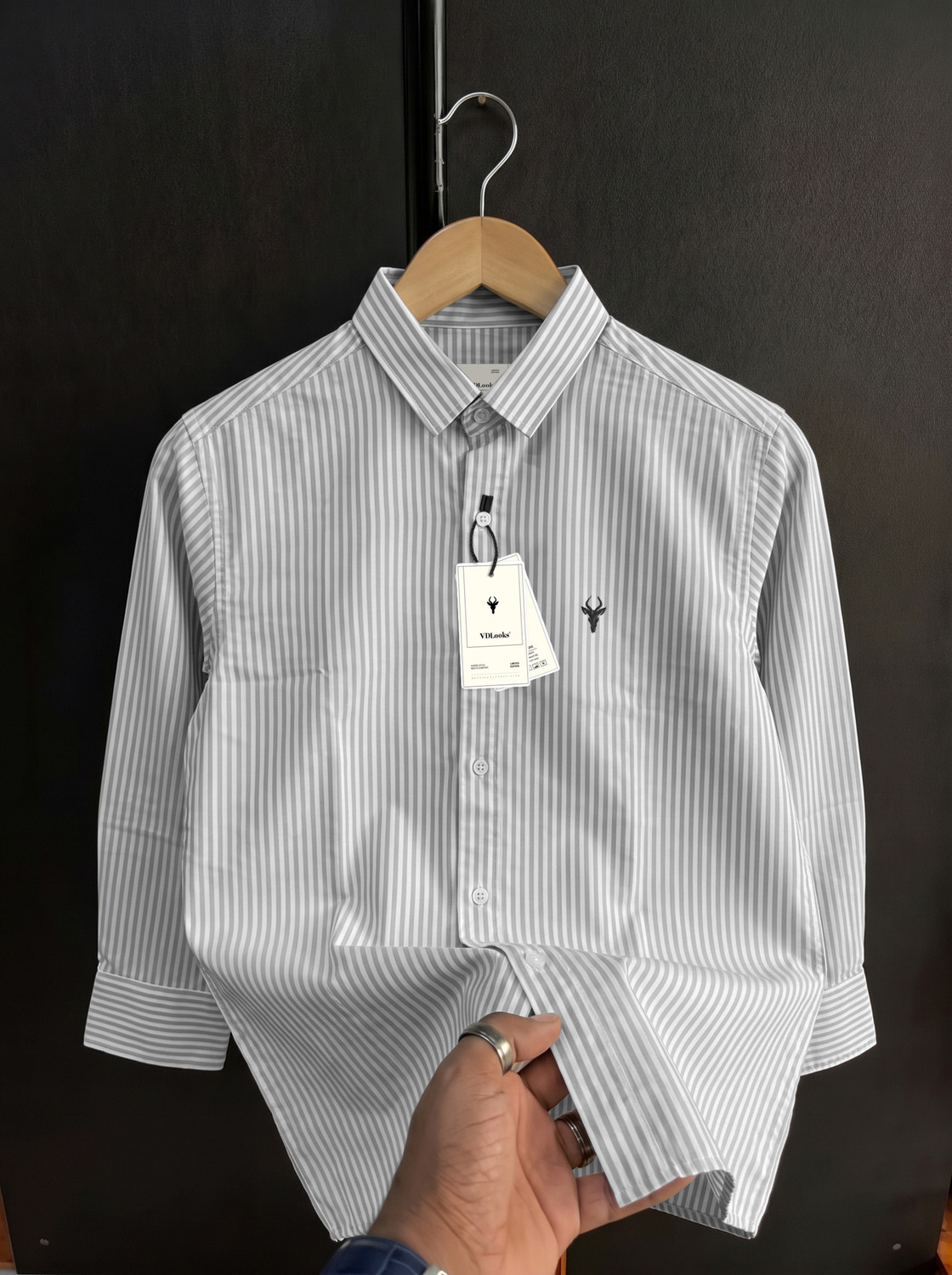 vdlooks Men Striped Casual Grey, White Shirt - Image 4