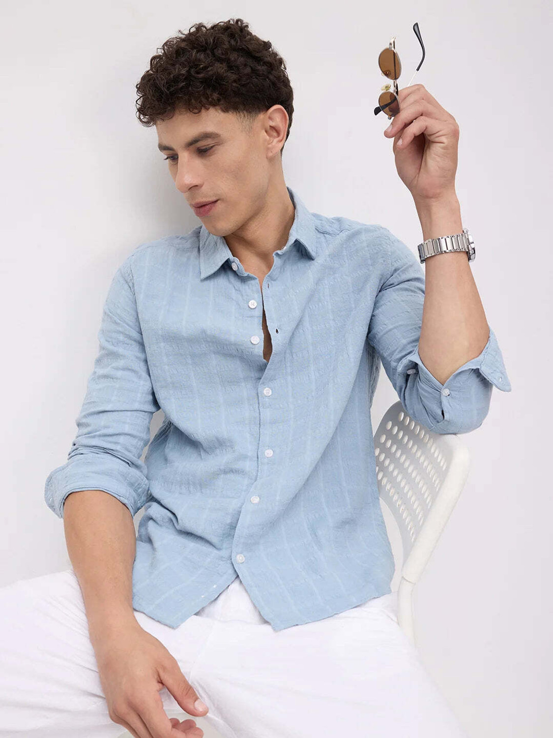 Image of VASTRADO Men Regular Fit Striped Cut Away Collar Casual Shirt