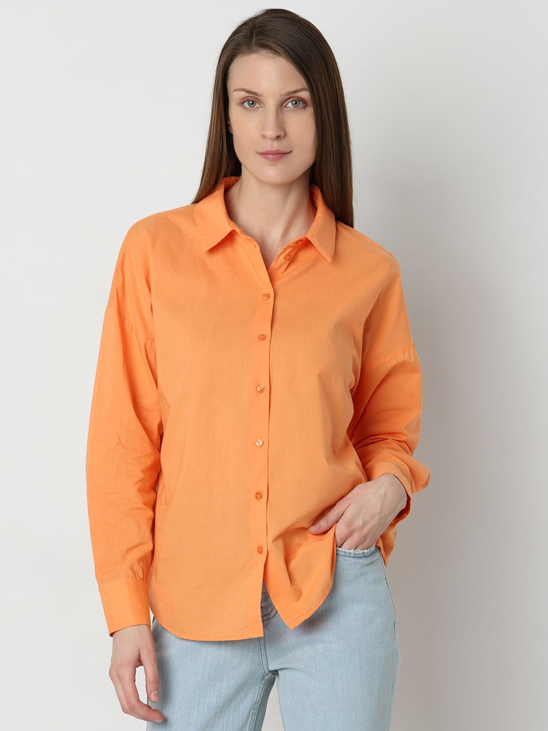 Image of VERO MODA Women Regular Fit Solid Spread Collar Casual Shirt