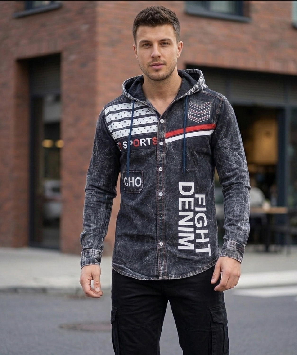 Image of Clubble Men Regular Fit Washed, Graphic Print, Printed Hood Collar Casual Shirt