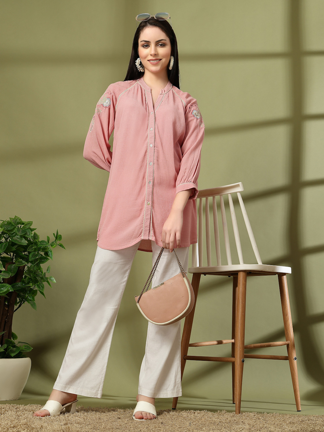 Image of Nayam By Lakshita Women Regular Fit Embroidered Mandarin Collar Casual Shirt
