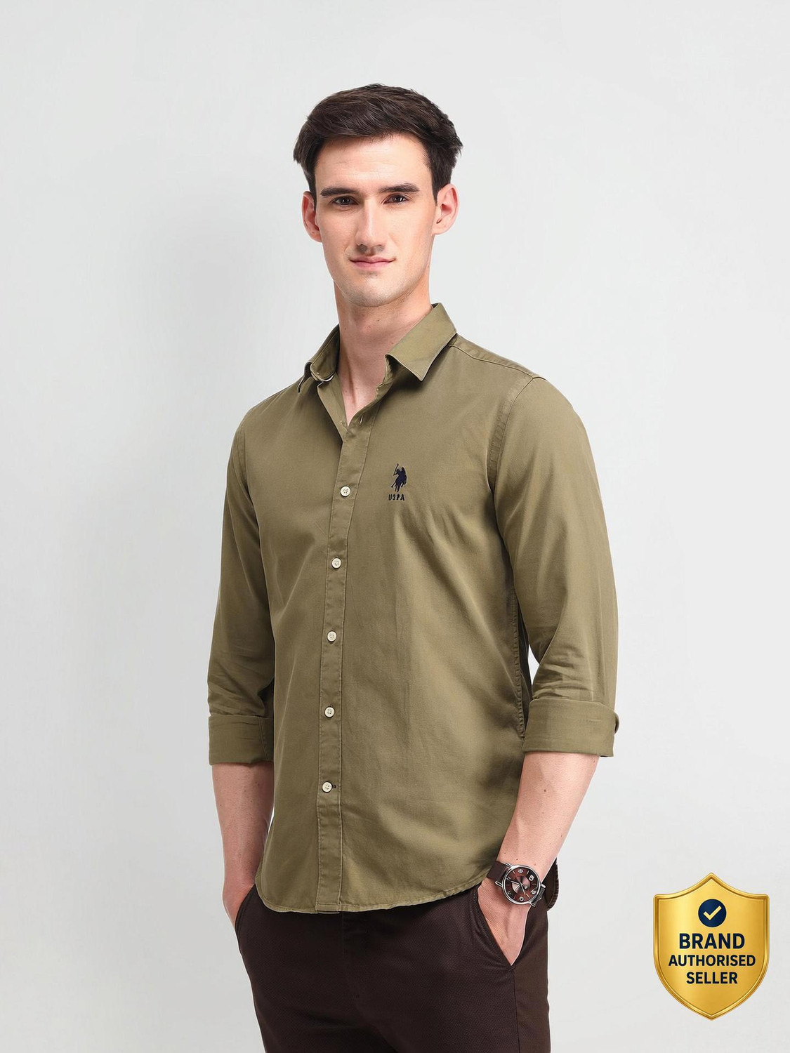 Image of U.S. POLO ASSN. Men Slim Fit Solid Spread Collar Casual Shirt