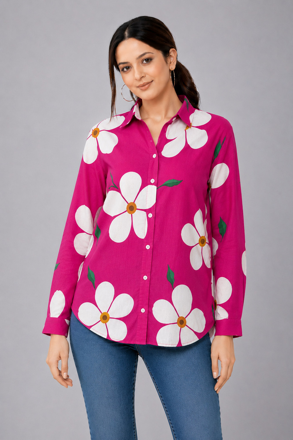 Image of Nayam By Lakshita Women Regular Fit Embroidered Mandarin Collar Casual Shirt