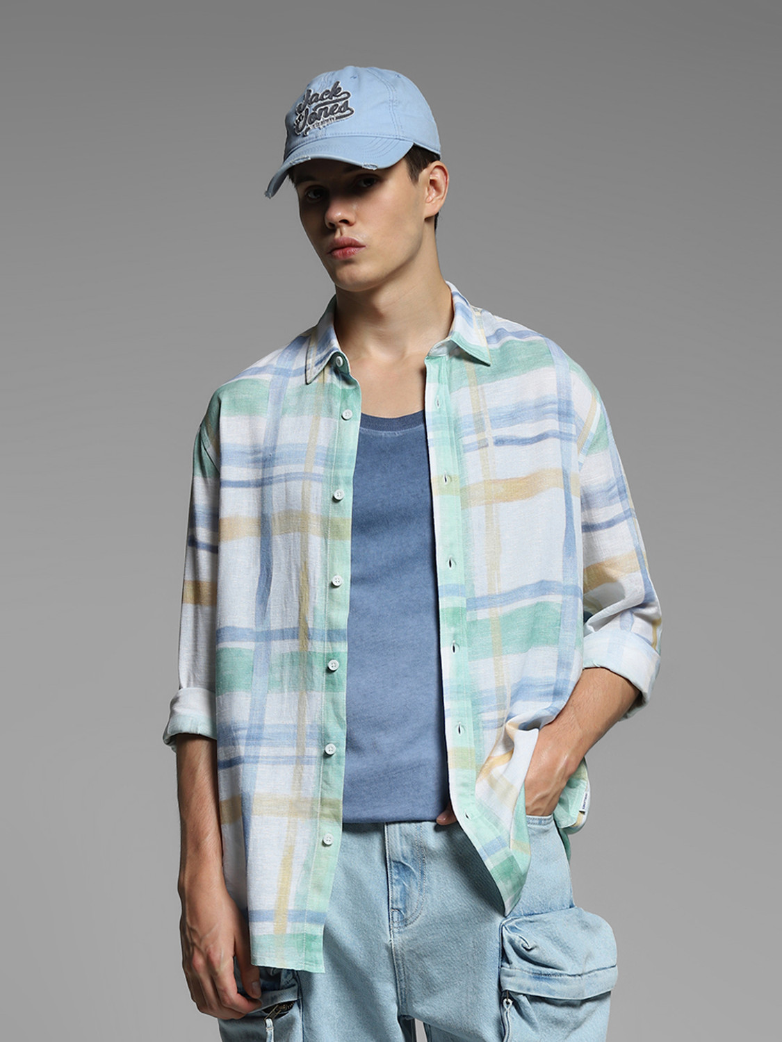 Image of JACK & JONES Men Regular Fit Checkered Spread Collar Casual Shirt