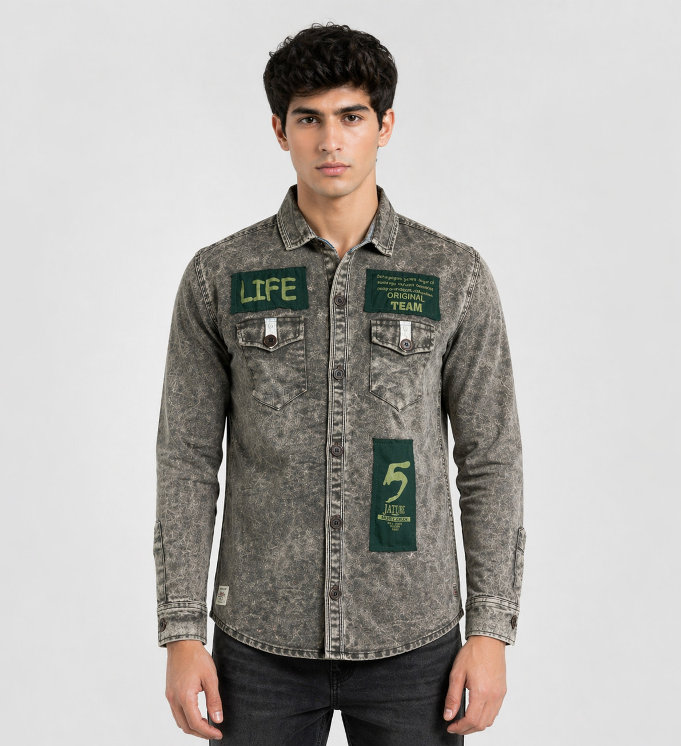 Image of Clubble Men Regular Fit Washed, Graphic Print, Printed Hood Collar Casual Shirt