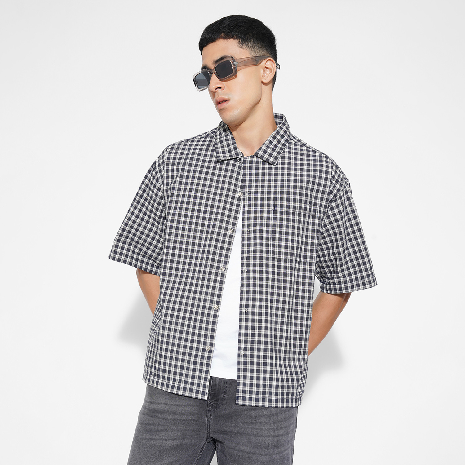 Image of VASTRADO Men Regular Fit Checkered Cut Away Collar Casual Shirt
