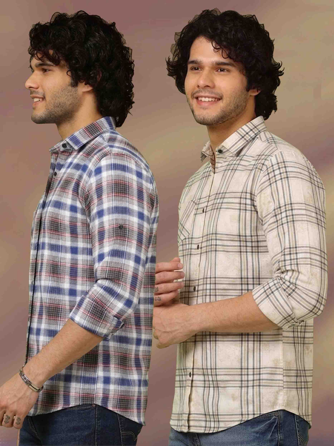 Image of AATWANIS Men Regular Fit Solid, Checkered Spread Collar Casual Shirt (Pack of 2)