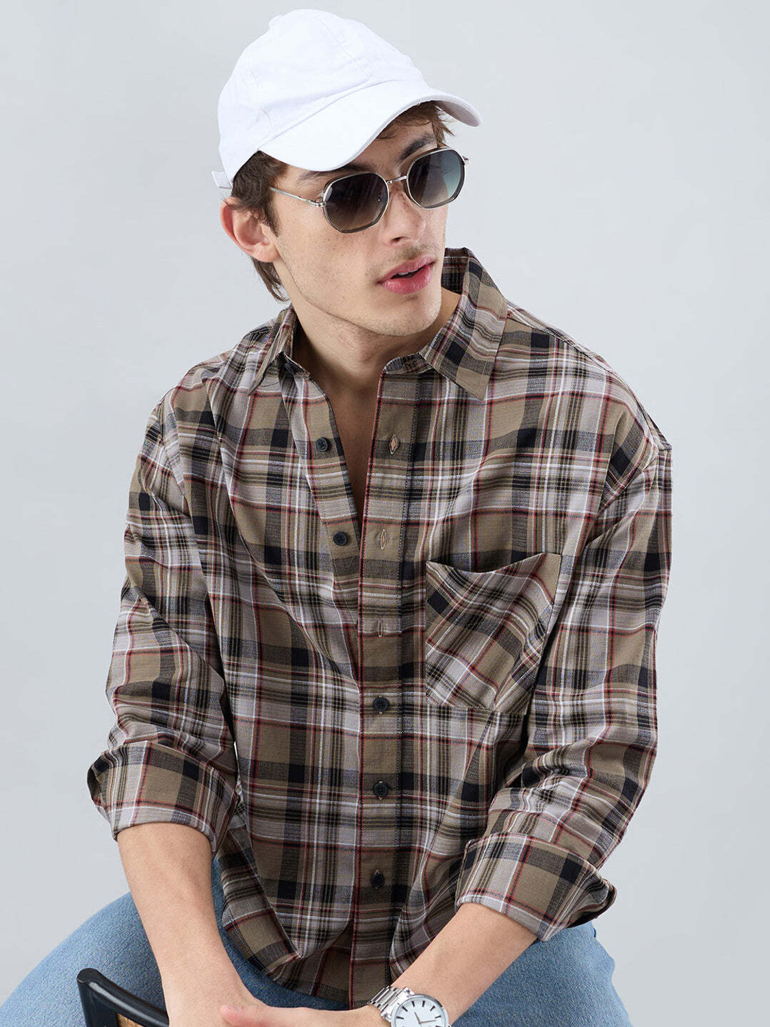 Image of VASTRADO Men Regular Fit Checkered Cut Away Collar Casual Shirt