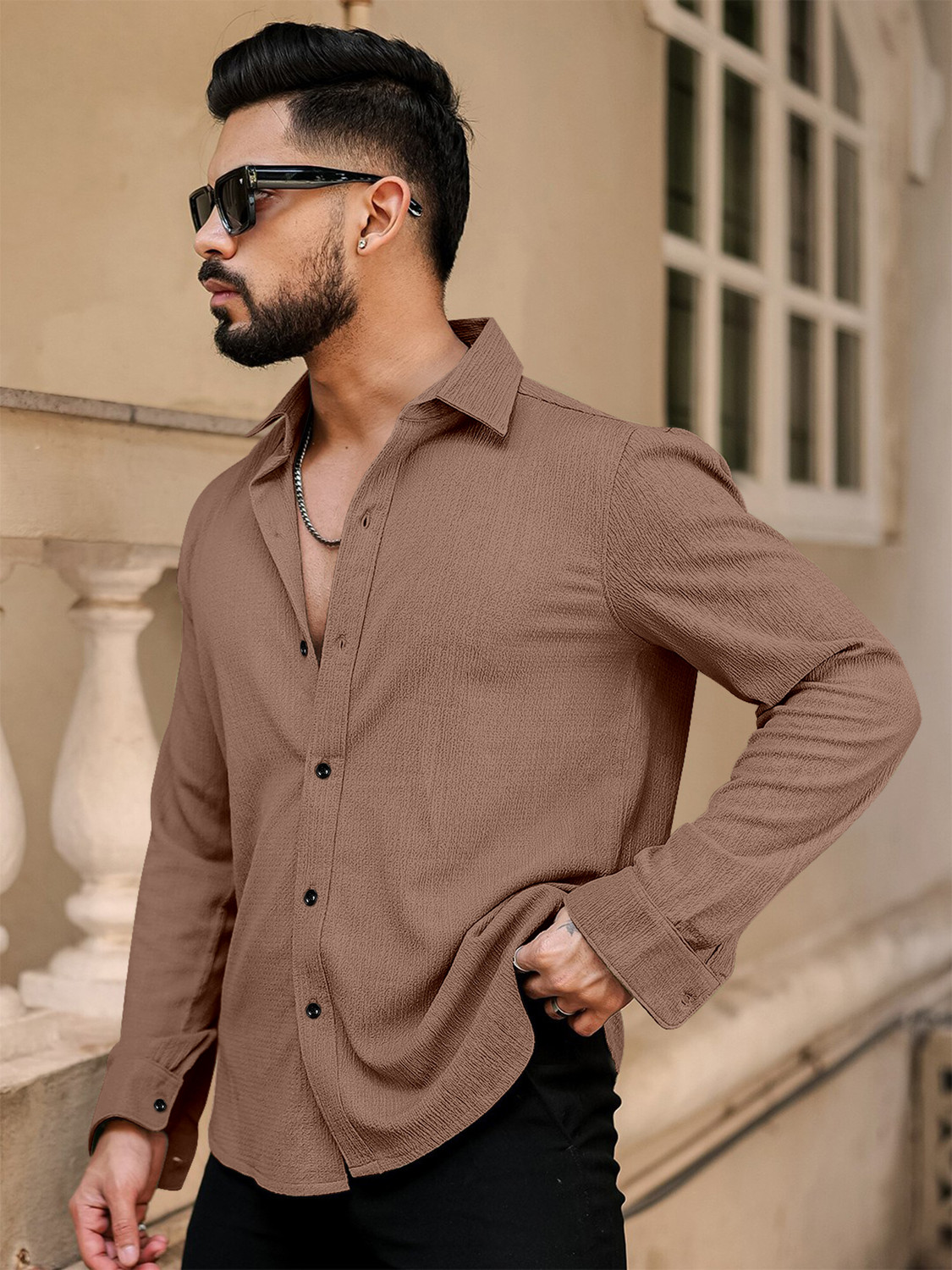 Image of Voroxy Men Regular Fit Striped Spread Collar Casual Shirt