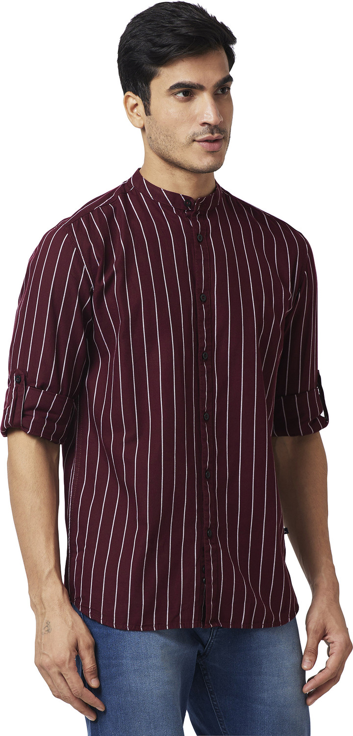 Image of PARX Men Slim Fit Striped Mandarin Collar Casual Shirt
