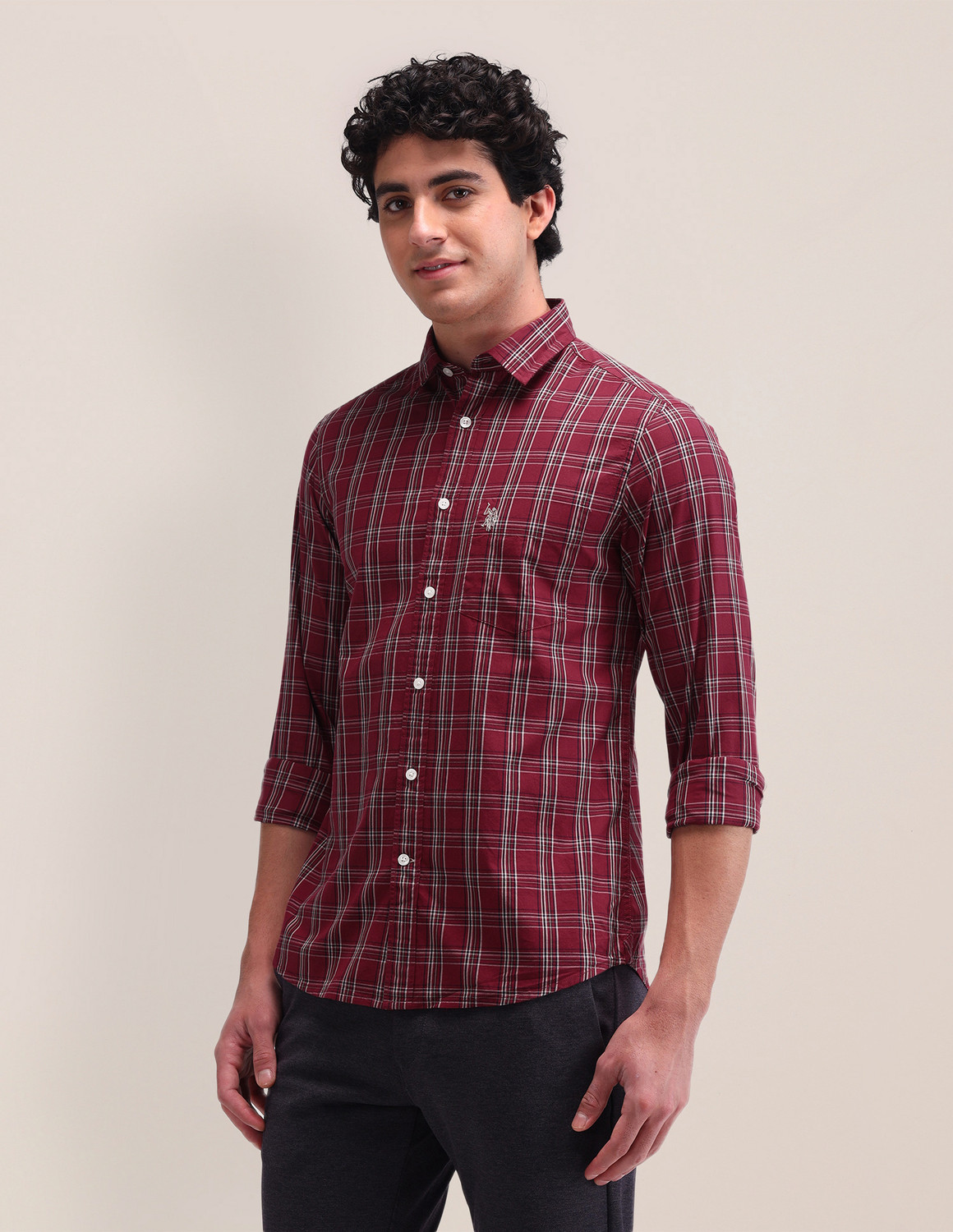 Image of U.S. POLO ASSN. Men Regular Fit Checkered Spread Collar Casual Shirt