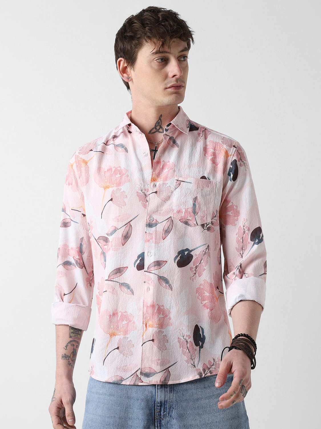 Image of VASTRADO Men Slim Fit Self Design Cut Away Collar Casual Shirt