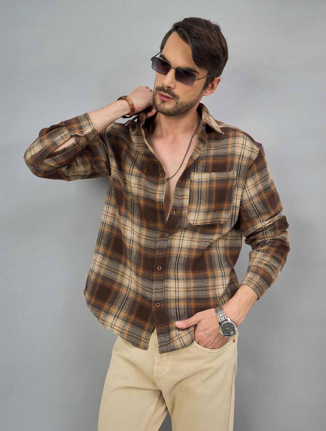 Image of UNSTD Men Regular Fit Cotton Checked Shirt | Full Sleeves Men Relaxed Fit Fit Striped Spread Collar Casual Shirt