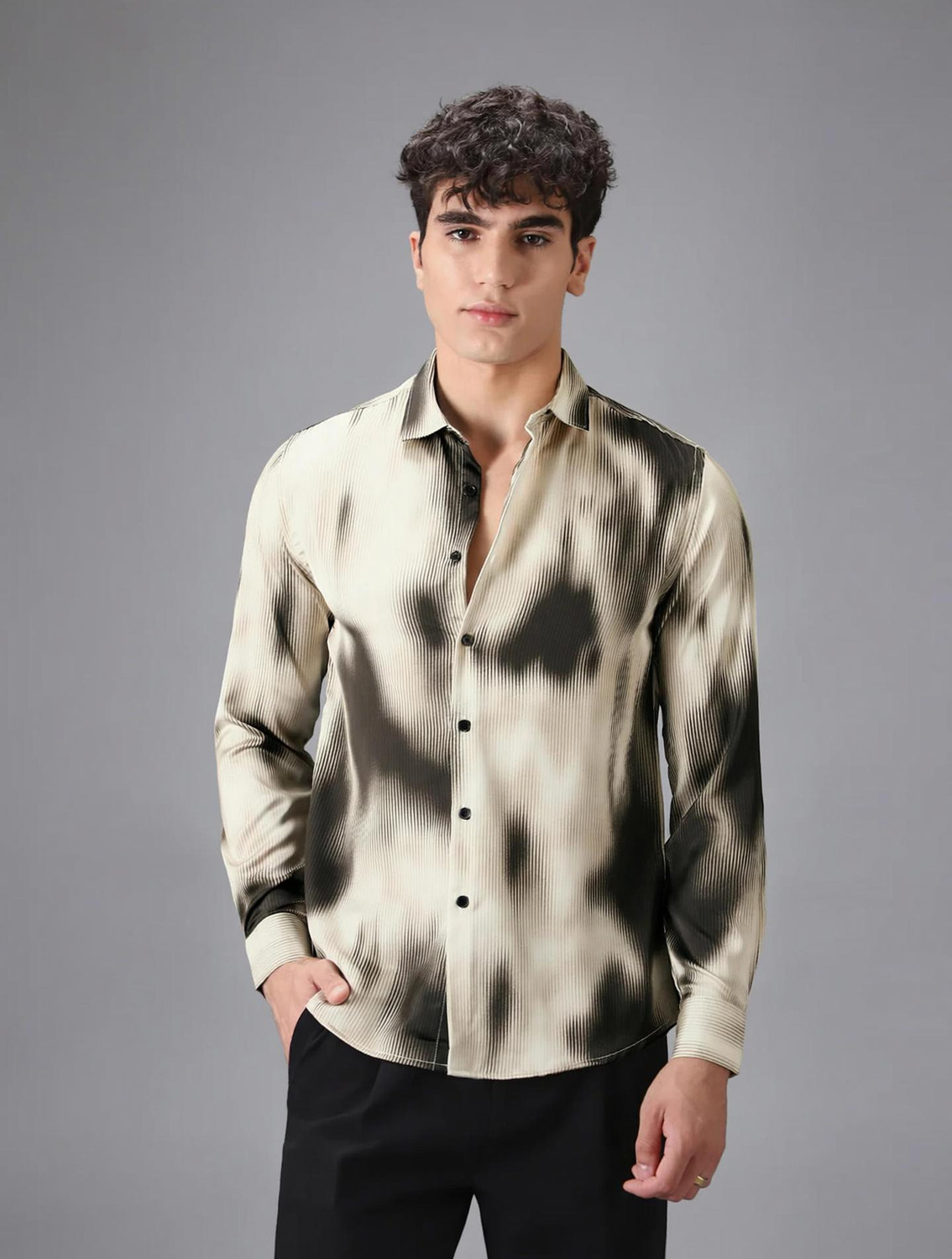 Image of VASTRADO Men Slim Fit Self Design Cut Away Collar Casual Shirt