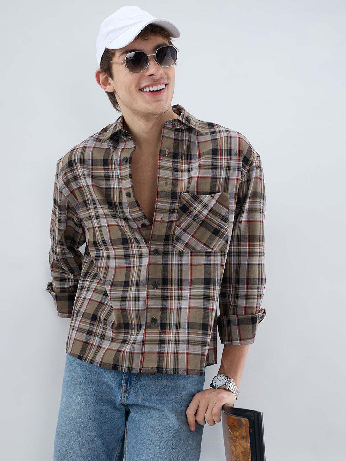 Image of VASTRADO Men Regular Fit Checkered Cut Away Collar Casual Shirt