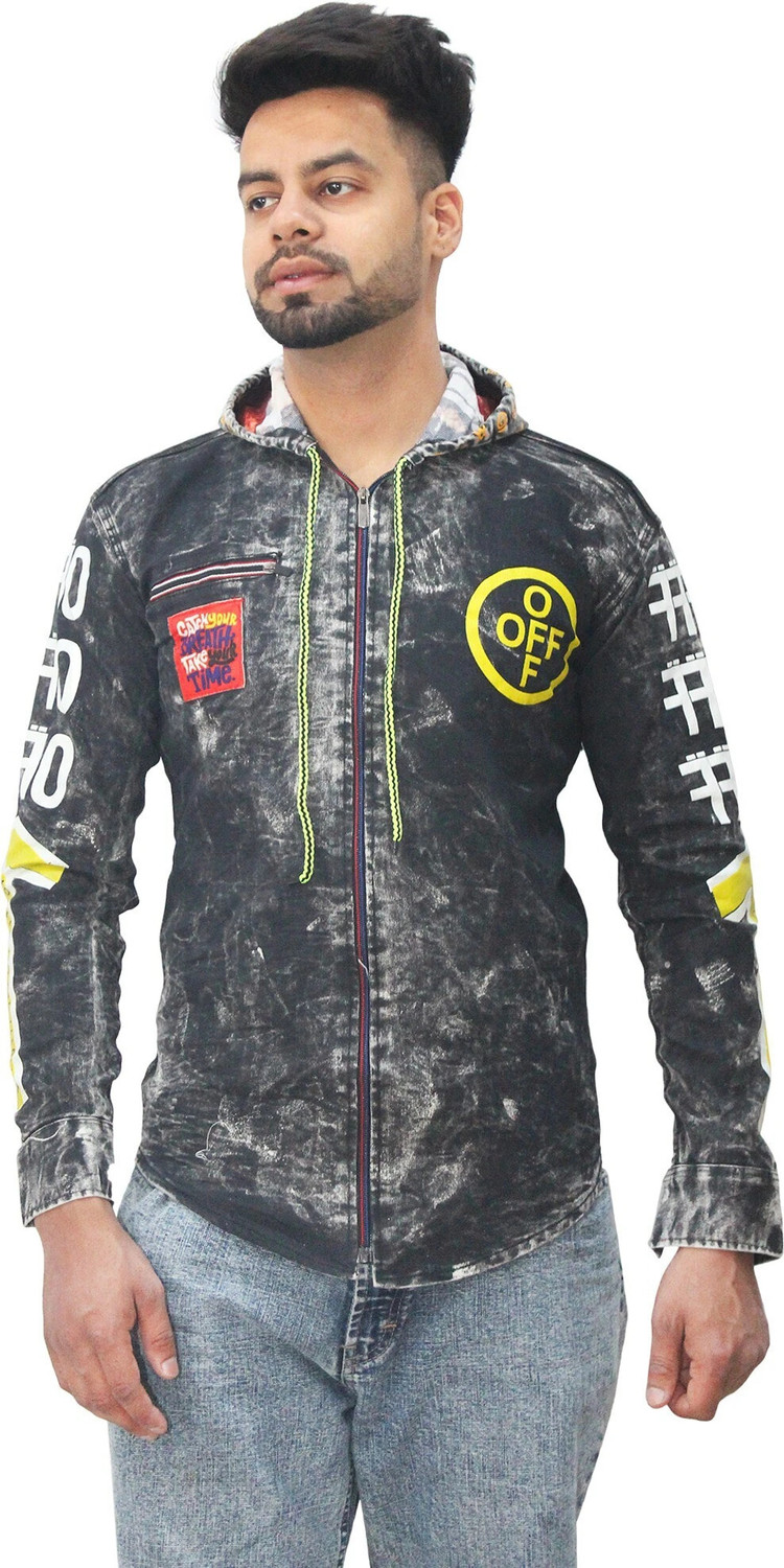 Image of Clubble Men Regular Fit Washed, Graphic Print, Printed Hood Collar Casual Shirt