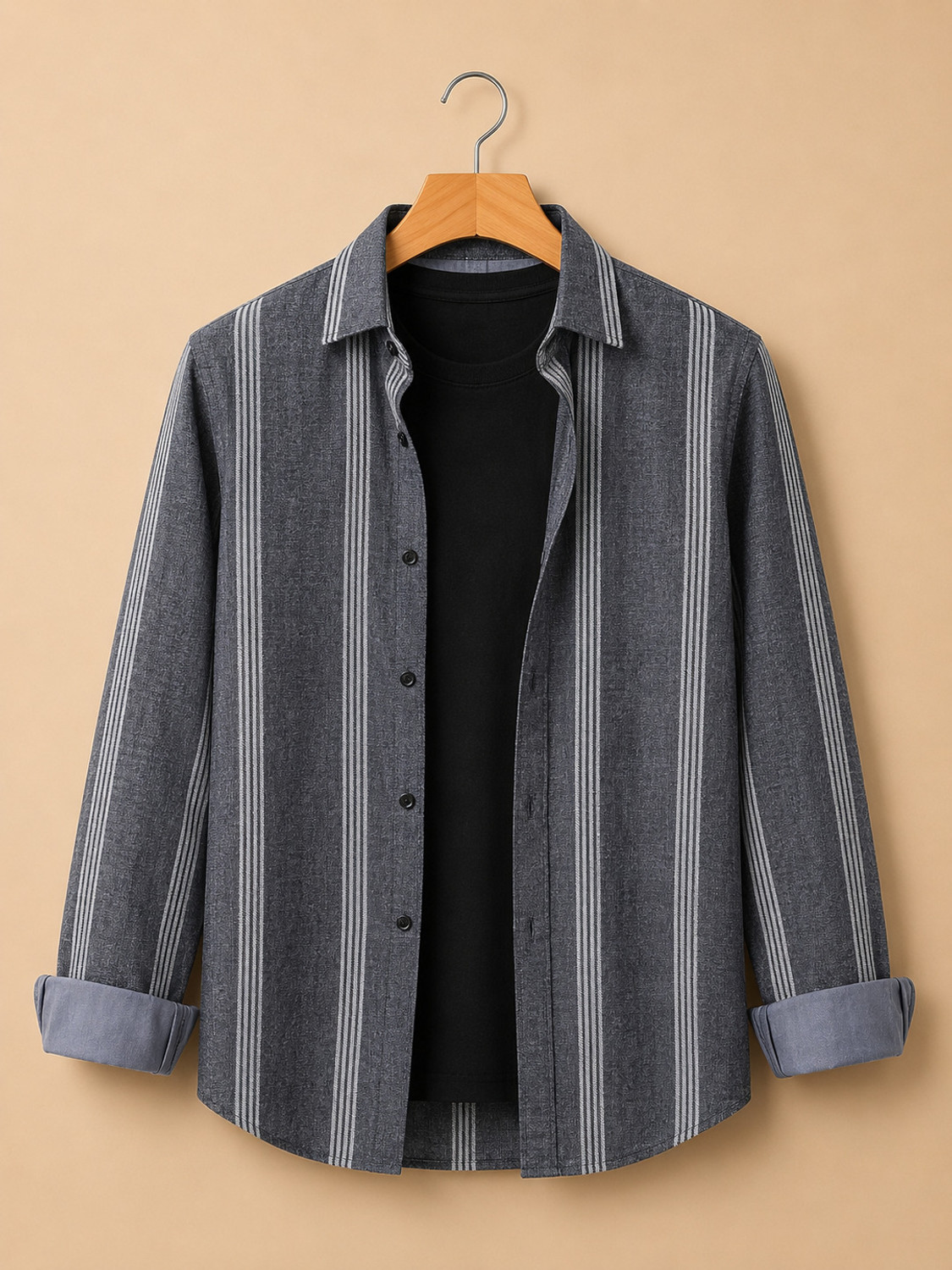 RODEIZ Men Slim Fit Striped Spread Collar Casual Shirt - Image 1