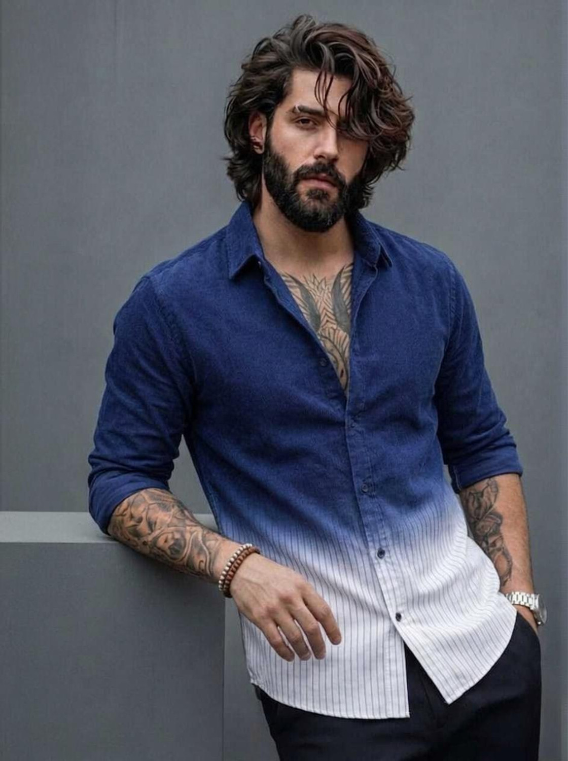 woyra Men Regular Fit Dyed/Ombre Ribbed Collar Casual Shirt - Image 1