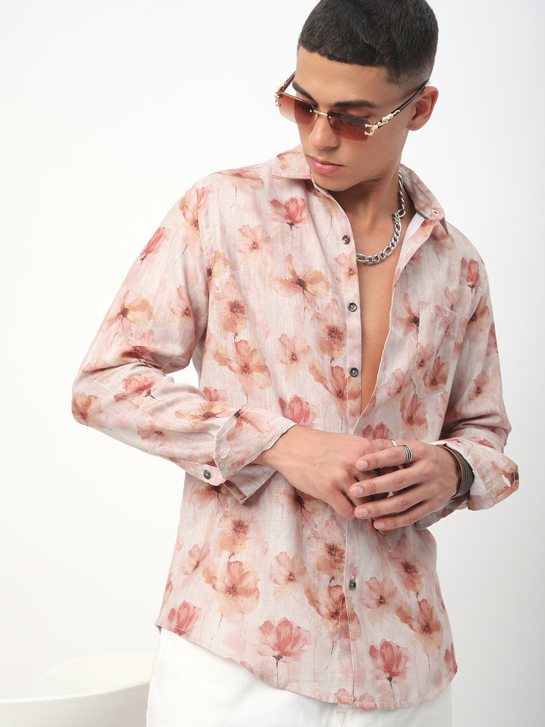 Image of VASTRADO Men Slim Fit Self Design Cut Away Collar Casual Shirt
