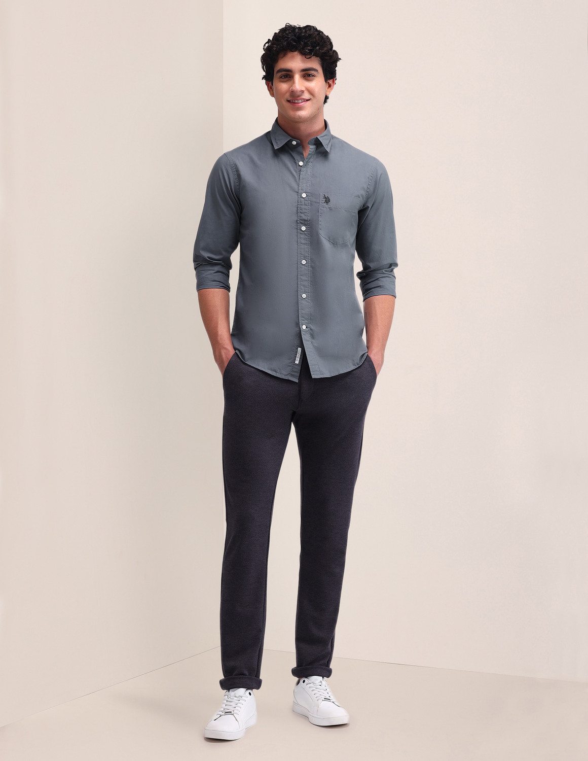 Image of U.S. POLO ASSN. Men Regular Fit Solid Spread Collar Casual Shirt