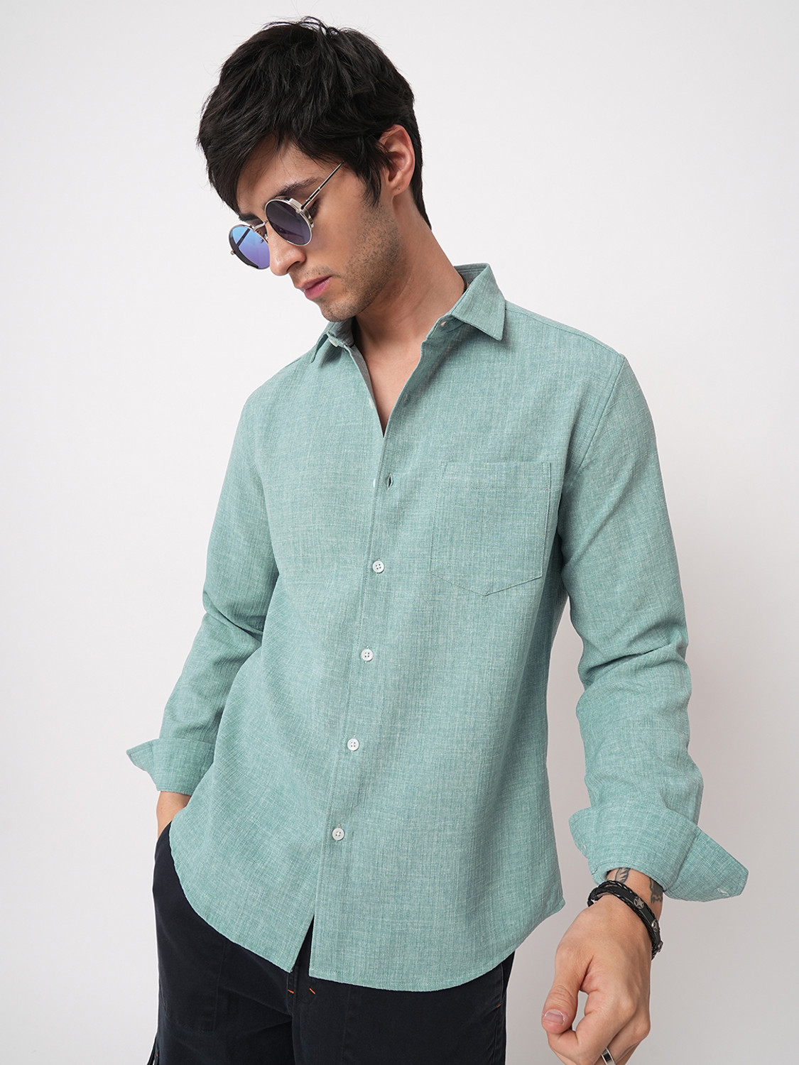 Image of VASTRADO Men Slim Fit Self Design Cut Away Collar Casual Shirt