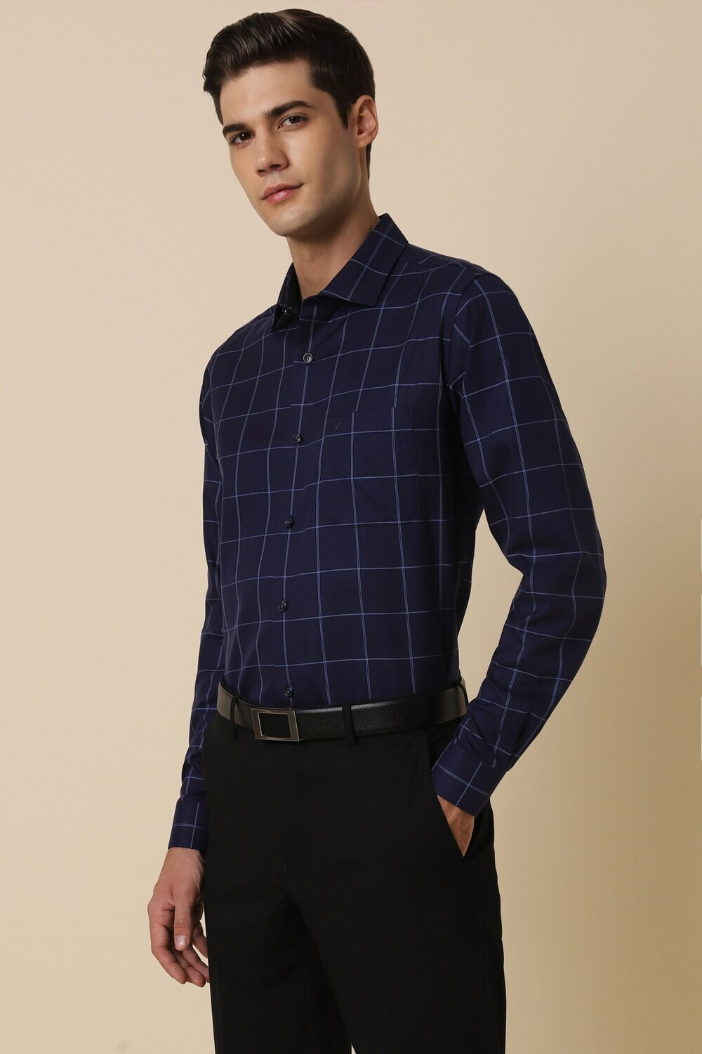 Image of Allen Solly Men Slim Fit Checkered Spread Collar Formal Shirt