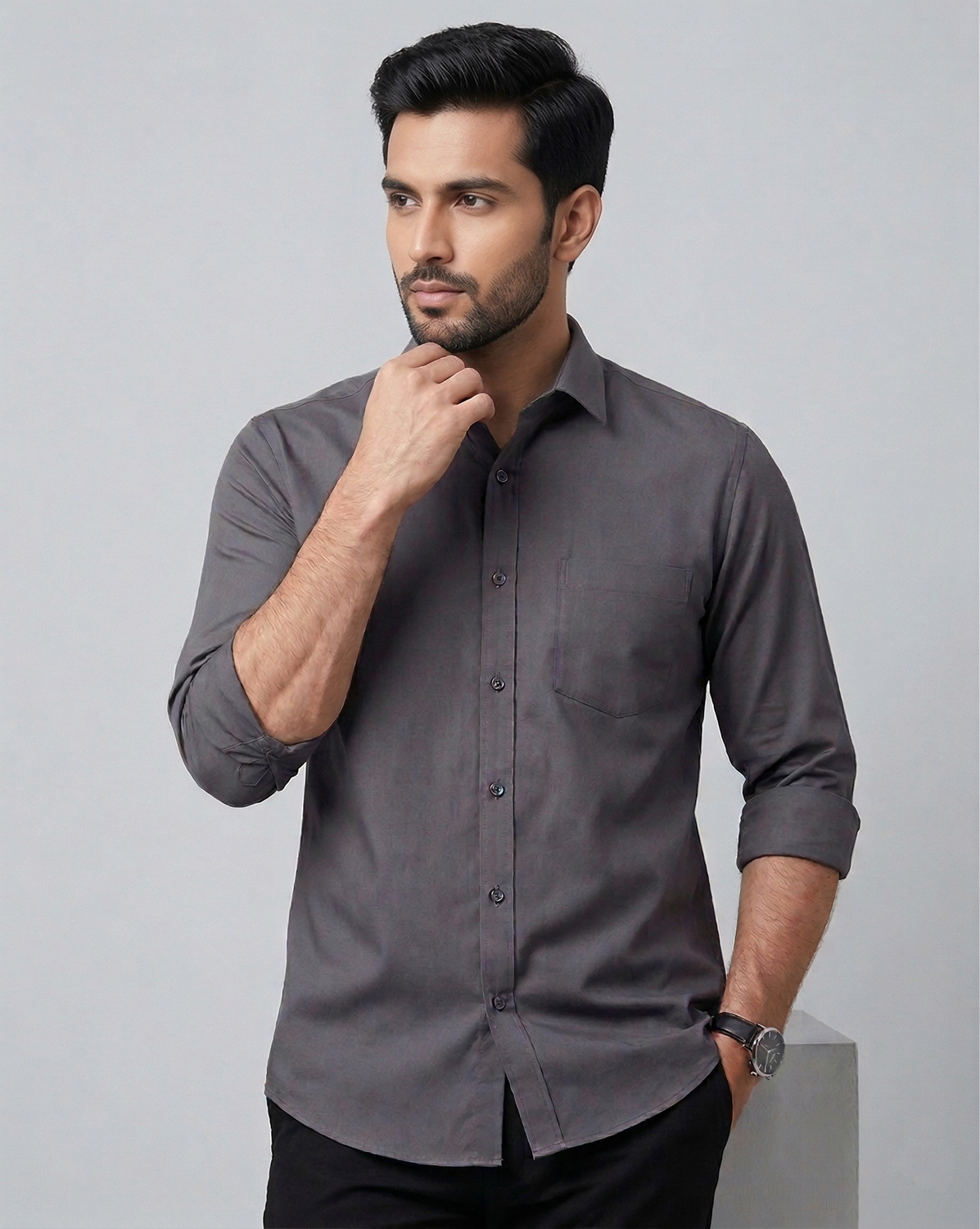 Image of VODPROS Men Regular Fit Solid Curved Collar Casual Shirt