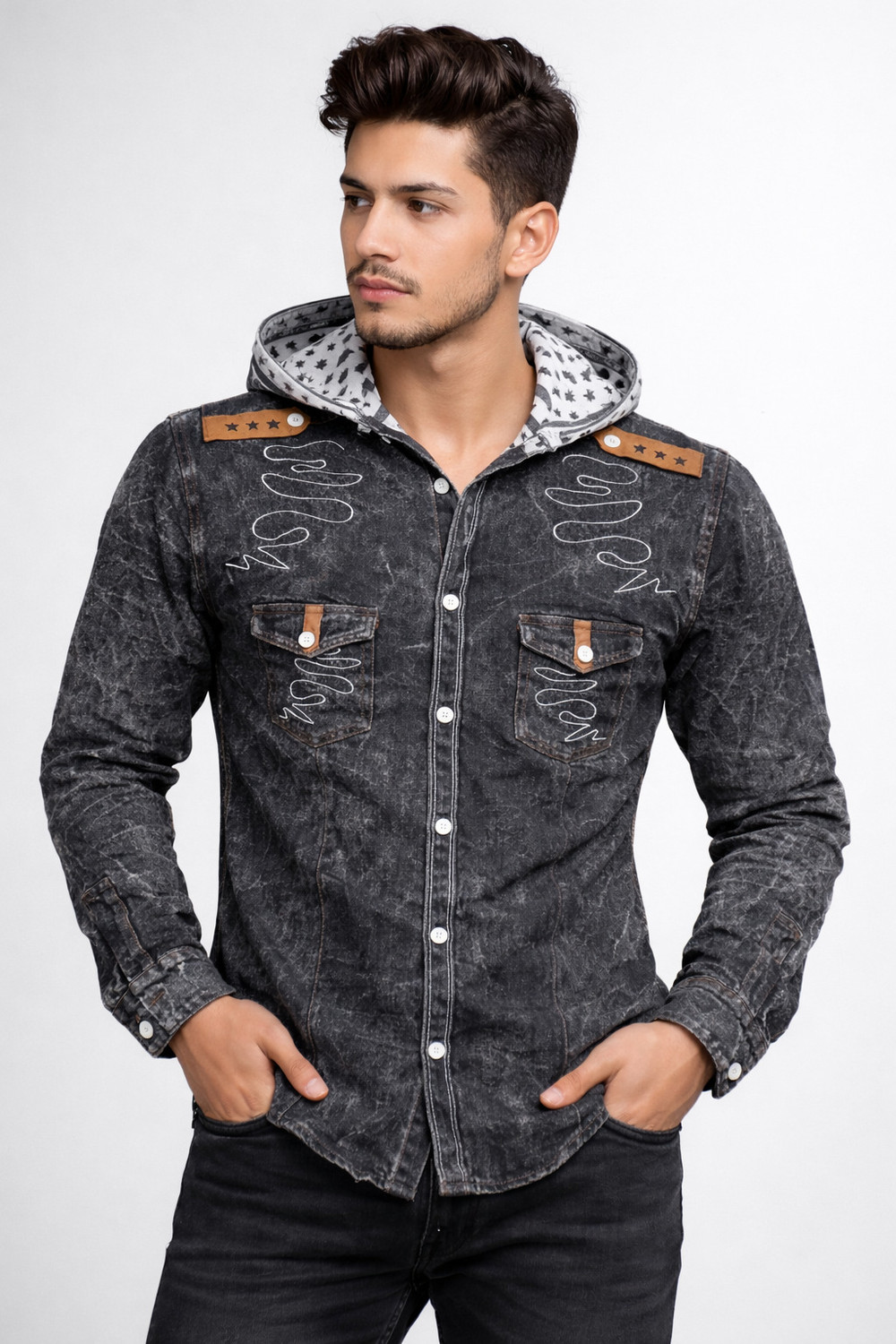 Image of Clubble Men Regular Fit Washed, Graphic Print, Printed Hood Collar Casual Shirt