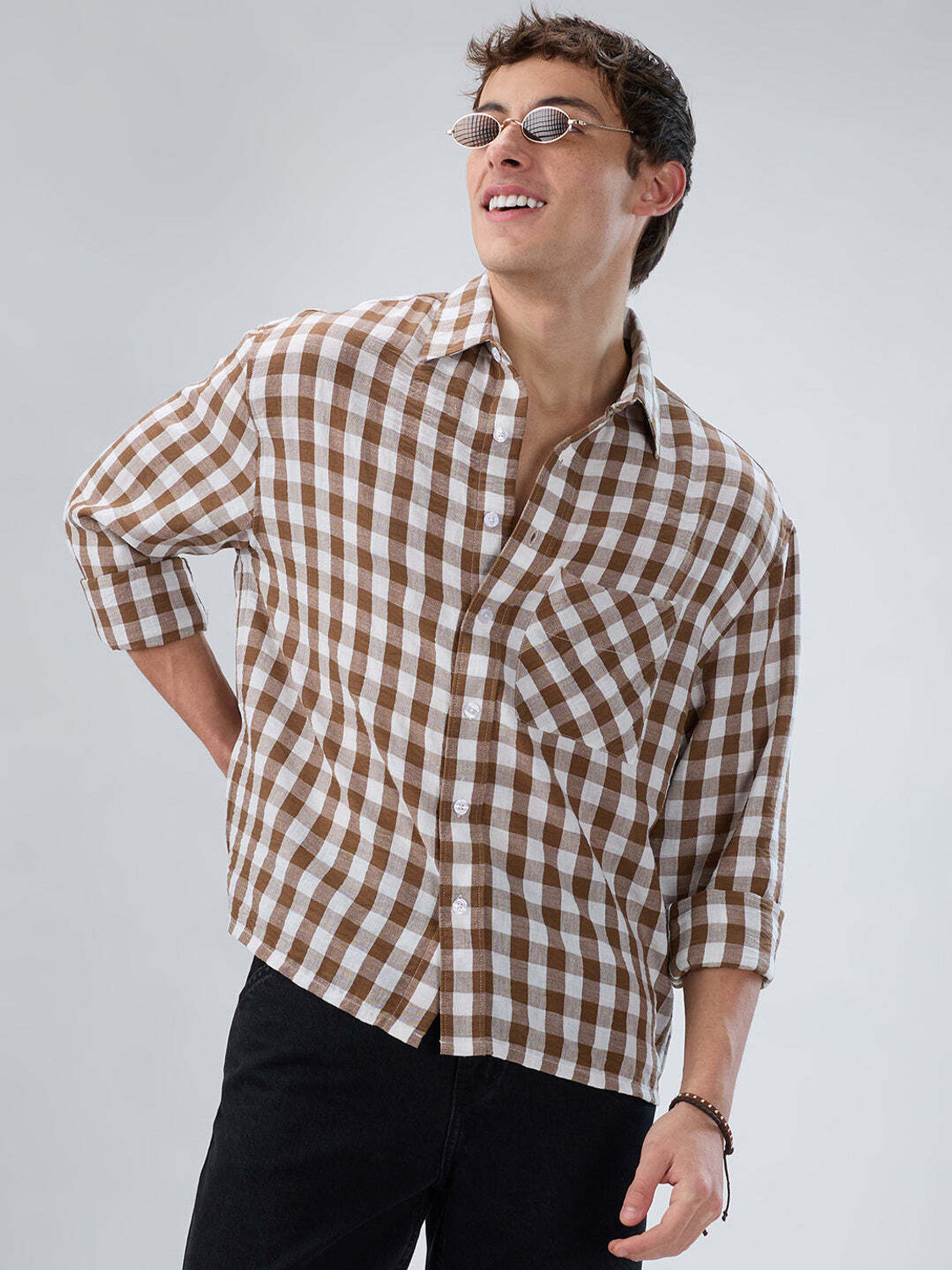 Image of VASTRADO Men Regular Fit Checkered Cut Away Collar Casual Shirt