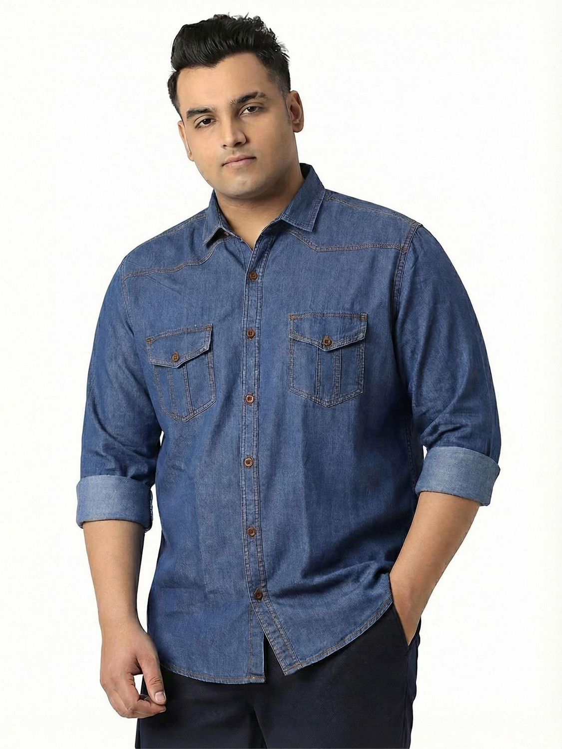 Image of AIDAN PAUL Men Regular Fit Washed Cut Away Collar Casual Shirt