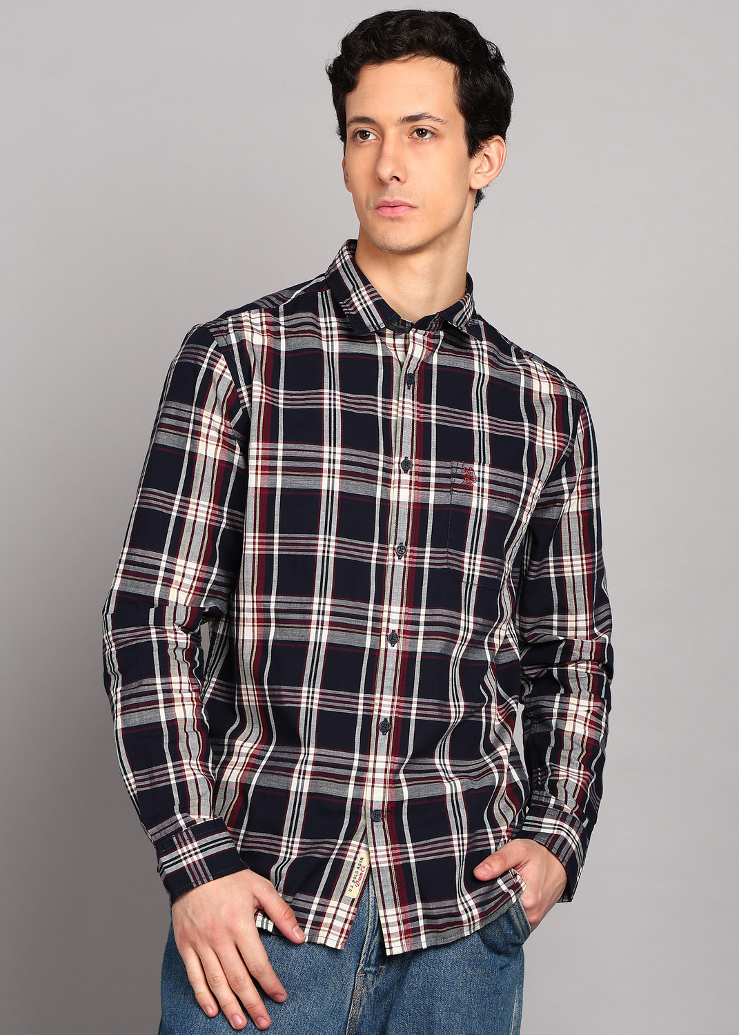 Image of U.S. POLO ASSN. Men Regular Fit Checkered Spread Collar Casual Shirt