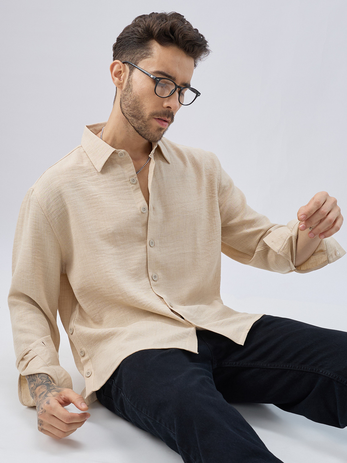 Image of VASTRADO Men Boxy Fit Self Design Cut Away Collar Casual Shirt