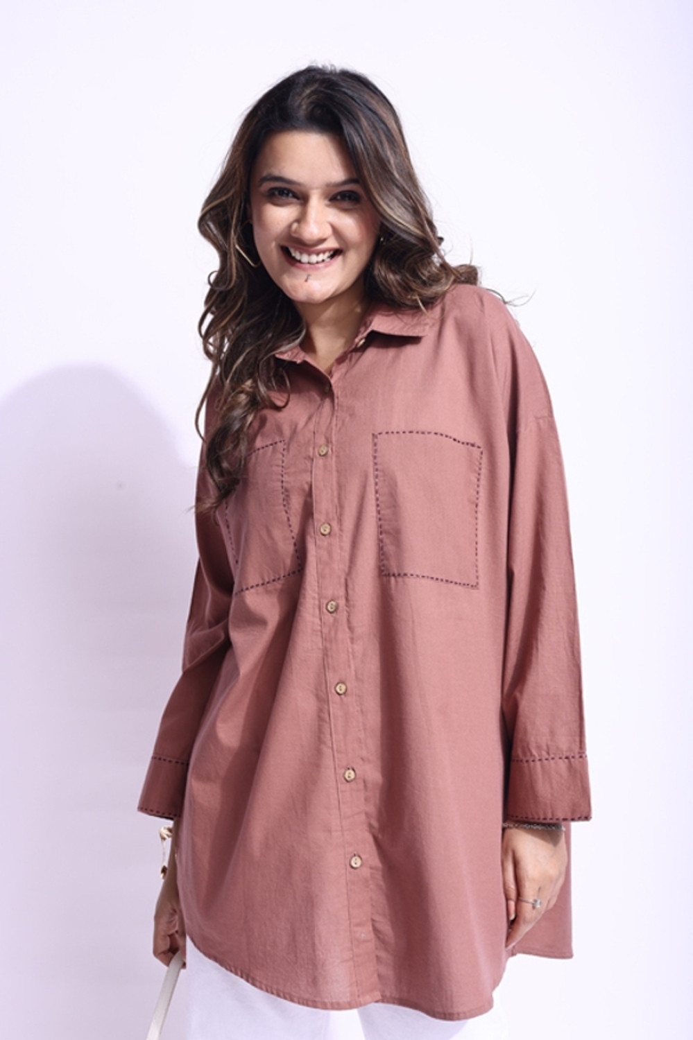 Image of Nayam By Lakshita Women Regular Fit Embroidered Mandarin Collar Casual Shirt