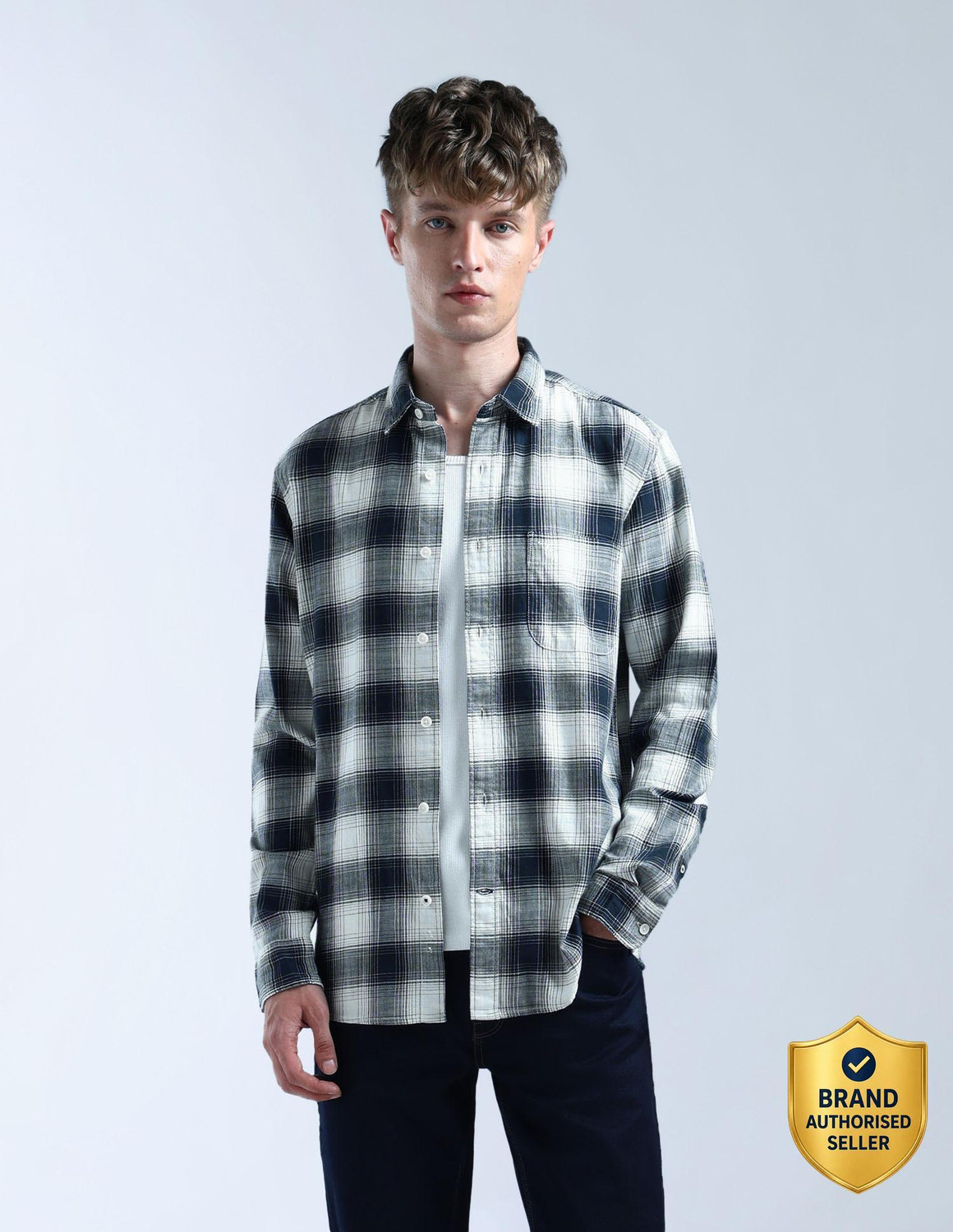 Image of FLYING MACHINE Men Slim Fit Checkered Spread Collar Casual Shirt