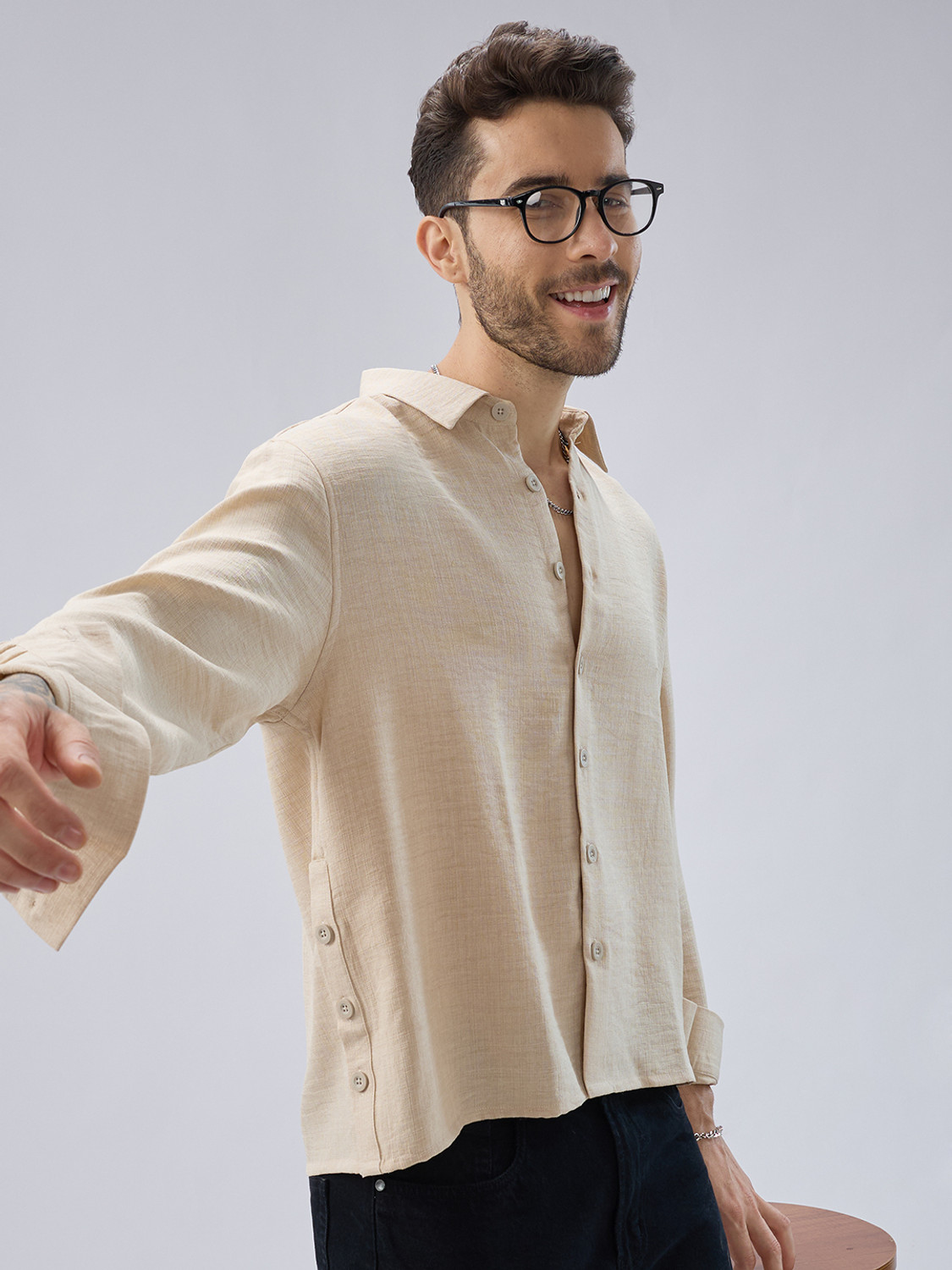 Image of VASTRADO Men Boxy Fit Self Design Cut Away Collar Casual Shirt