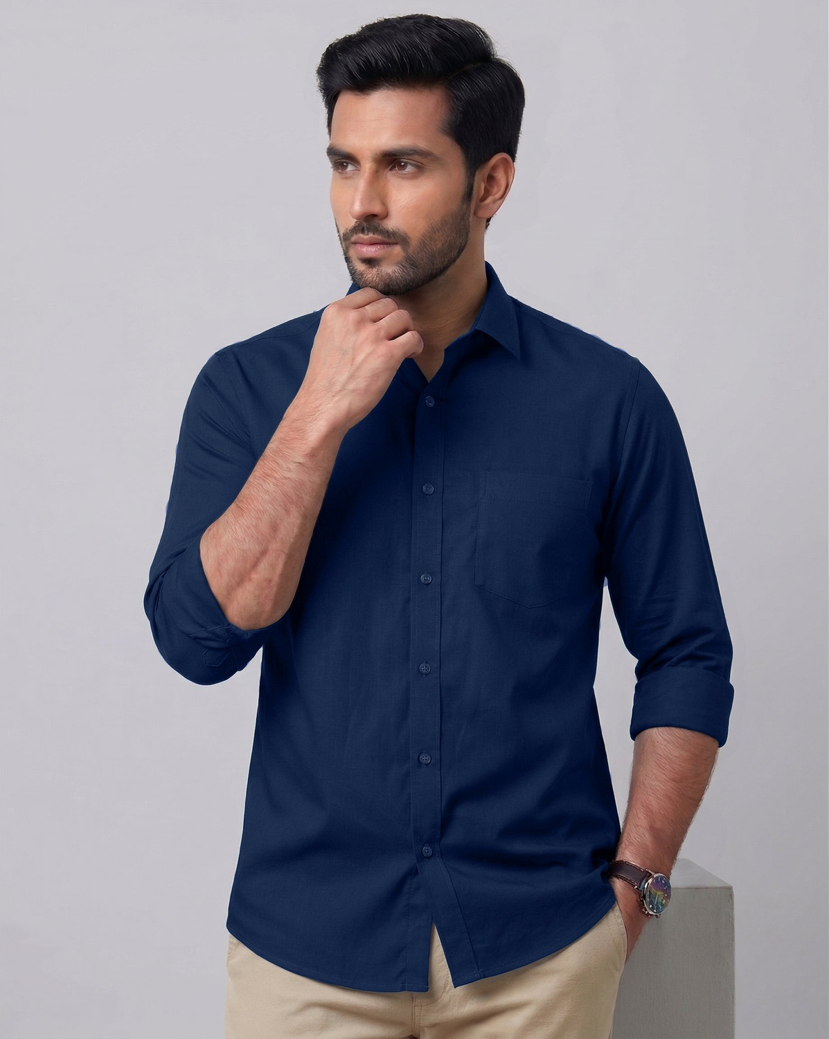 Image of VODPROS Men Regular Fit Solid Curved Collar Casual Shirt